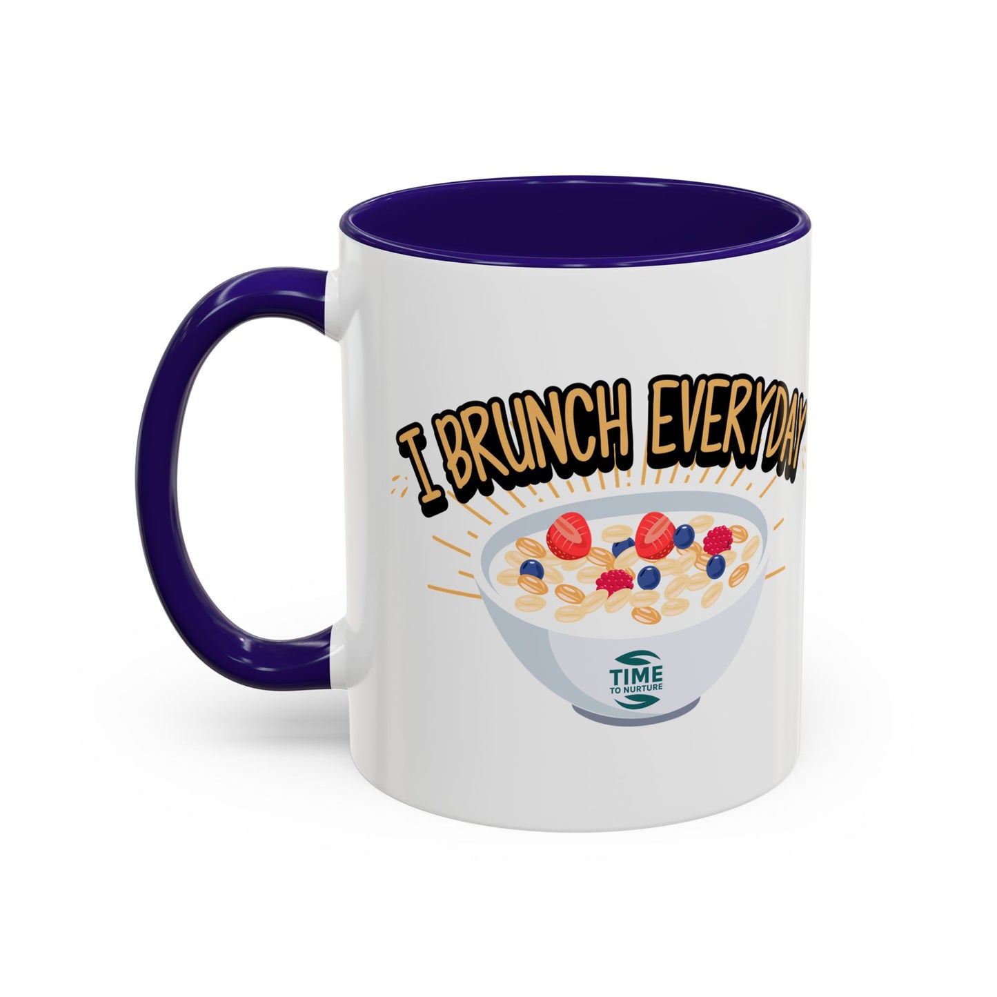 I Brunch Everyday ceramic mugs in vibrant colors, available in 11oz and 15oz sizes, designed for coffee, tea, juice, or brunch lovers, making a great gift for brunch enthusiasts, weekend getaways, or casual kitchen decor.