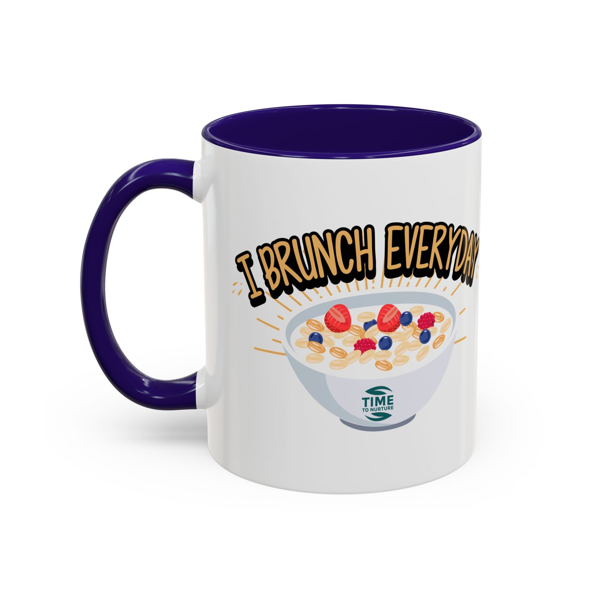 I Brunch Everyday ceramic mugs in vibrant colors, available in 11oz and 15oz sizes, designed for coffee, tea, juice, or brunch lovers, making a great gift for brunch enthusiasts, weekend getaways, or casual kitchen decor.