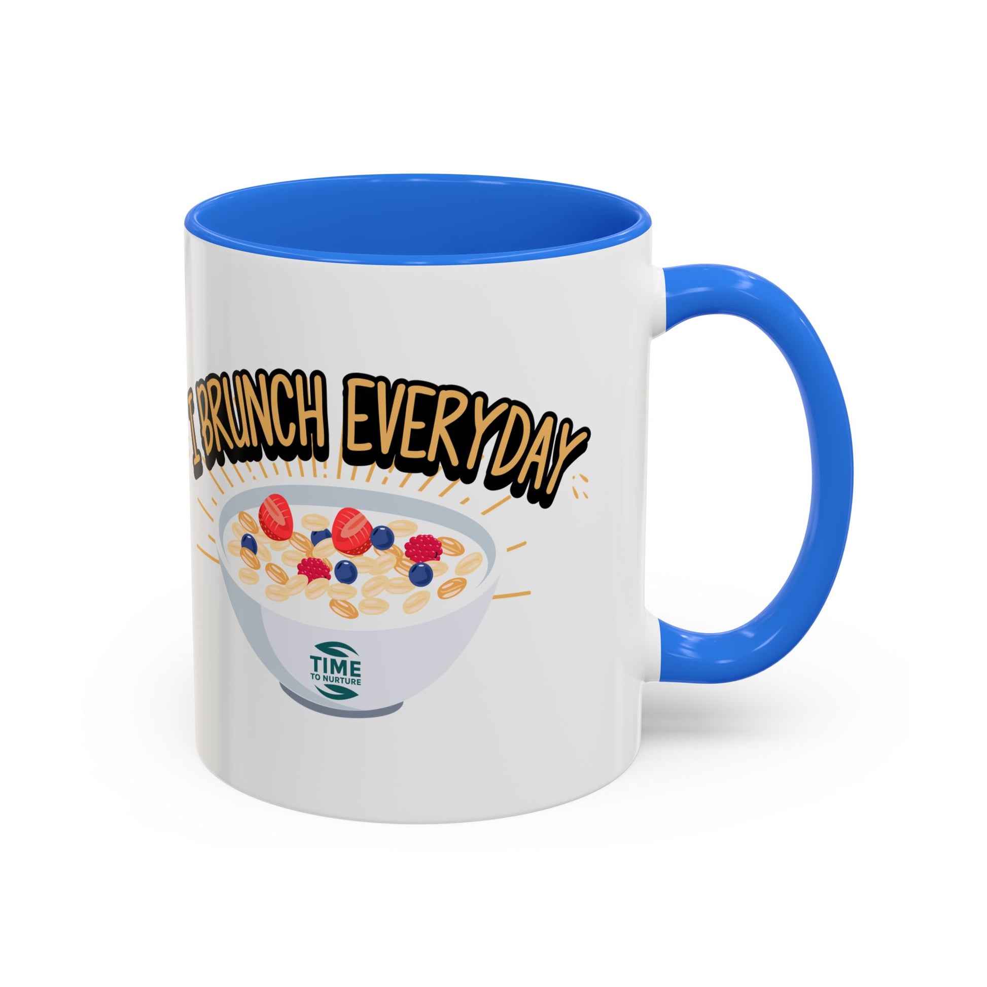 I Brunch Everyday ceramic mugs in vibrant colors, available in 11oz and 15oz sizes, designed for coffee, tea, juice, or brunch lovers, making a great gift for brunch enthusiasts, weekend getaways, or casual kitchen decor.