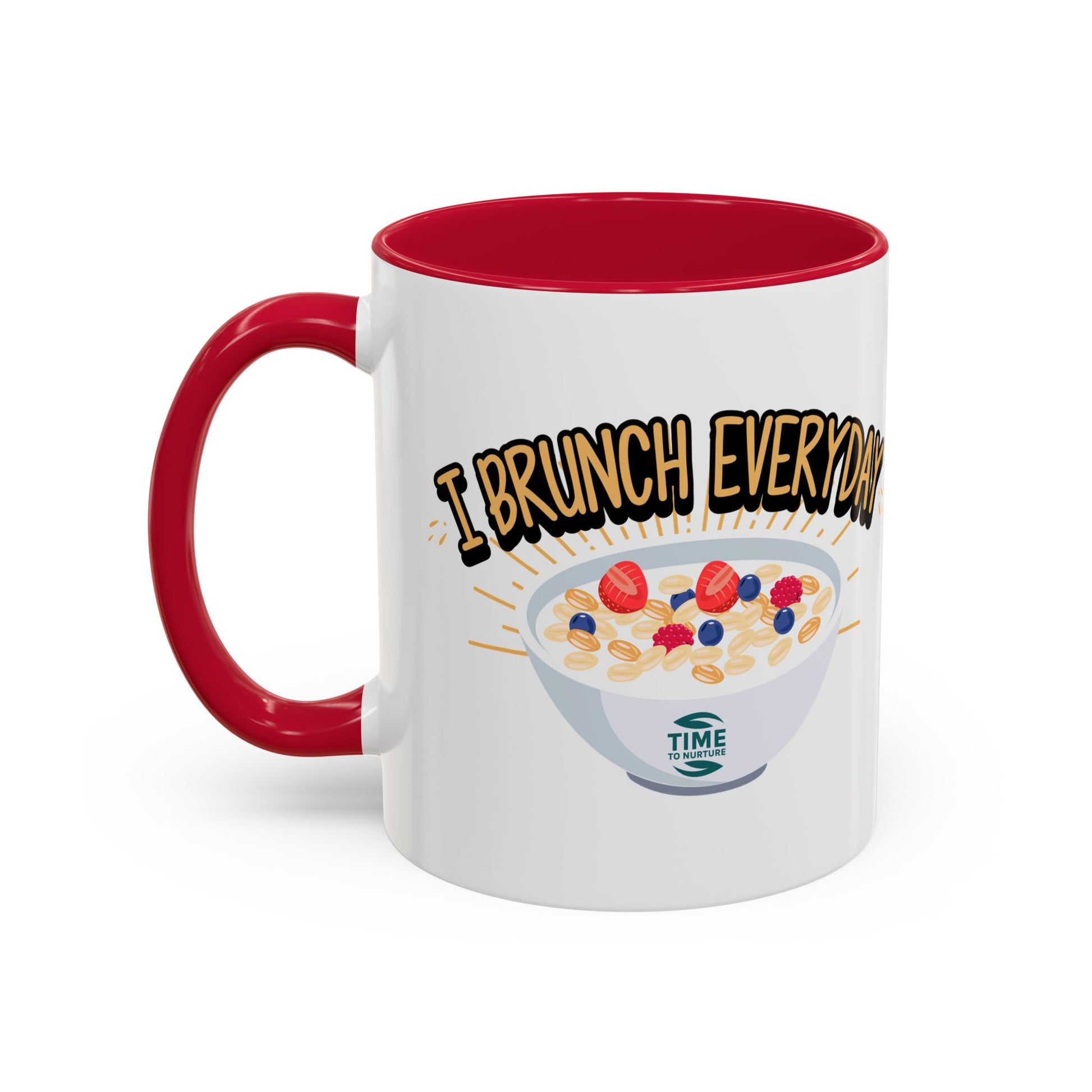 I Brunch Everyday ceramic mugs in vibrant colors, available in 11oz and 15oz sizes, designed for coffee, tea, juice, or brunch lovers, making a great gift for brunch enthusiasts, weekend getaways, or casual kitchen decor.