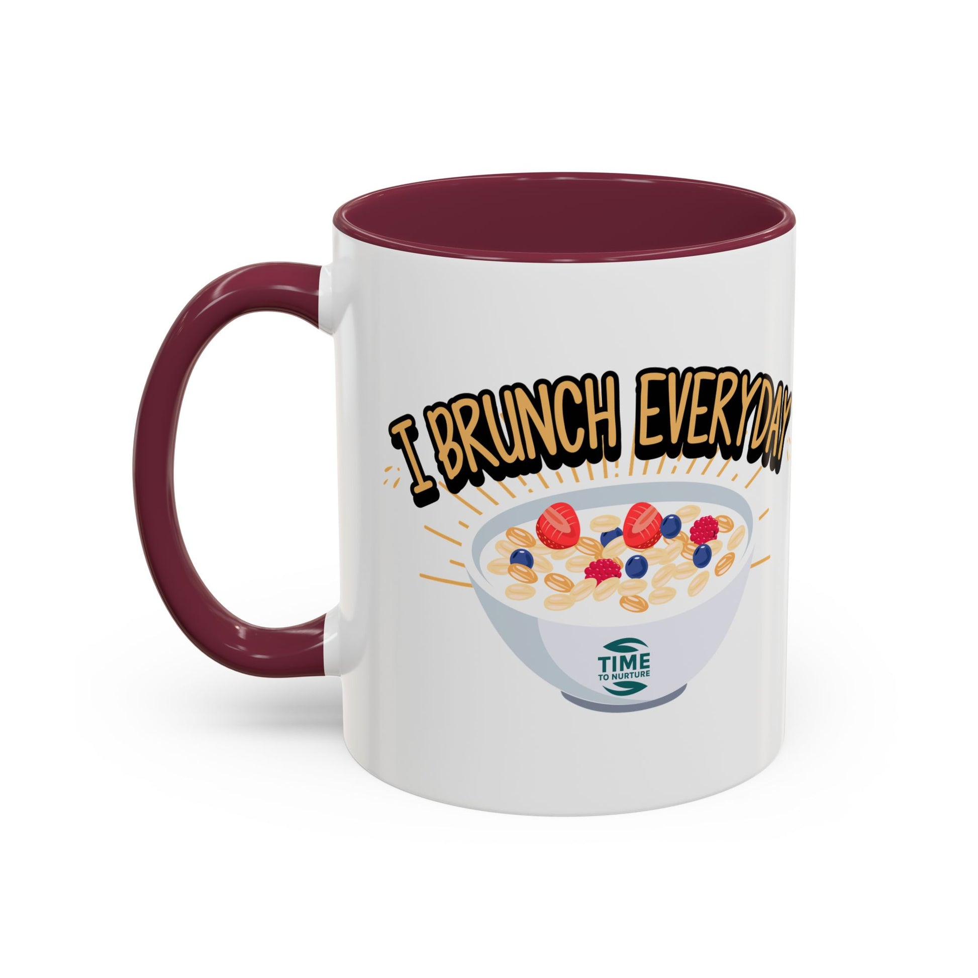 I Brunch Everyday ceramic mugs in vibrant colors, available in 11oz and 15oz sizes, designed for coffee, tea, juice, or brunch lovers, making a great gift for brunch enthusiasts, weekend getaways, or casual kitchen decor.