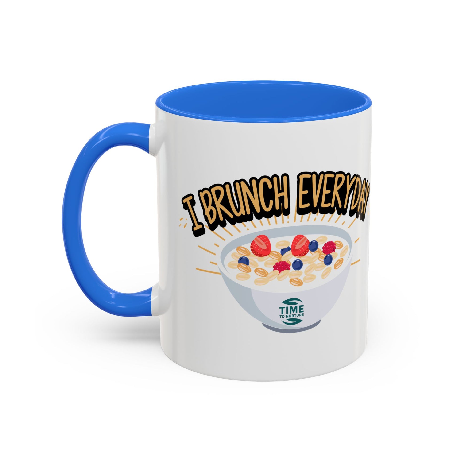 I Brunch Everyday ceramic mugs in vibrant colors, available in 11oz and 15oz sizes, designed for coffee, tea, juice, or brunch lovers, making a great gift for brunch enthusiasts, weekend getaways, or casual kitchen decor.