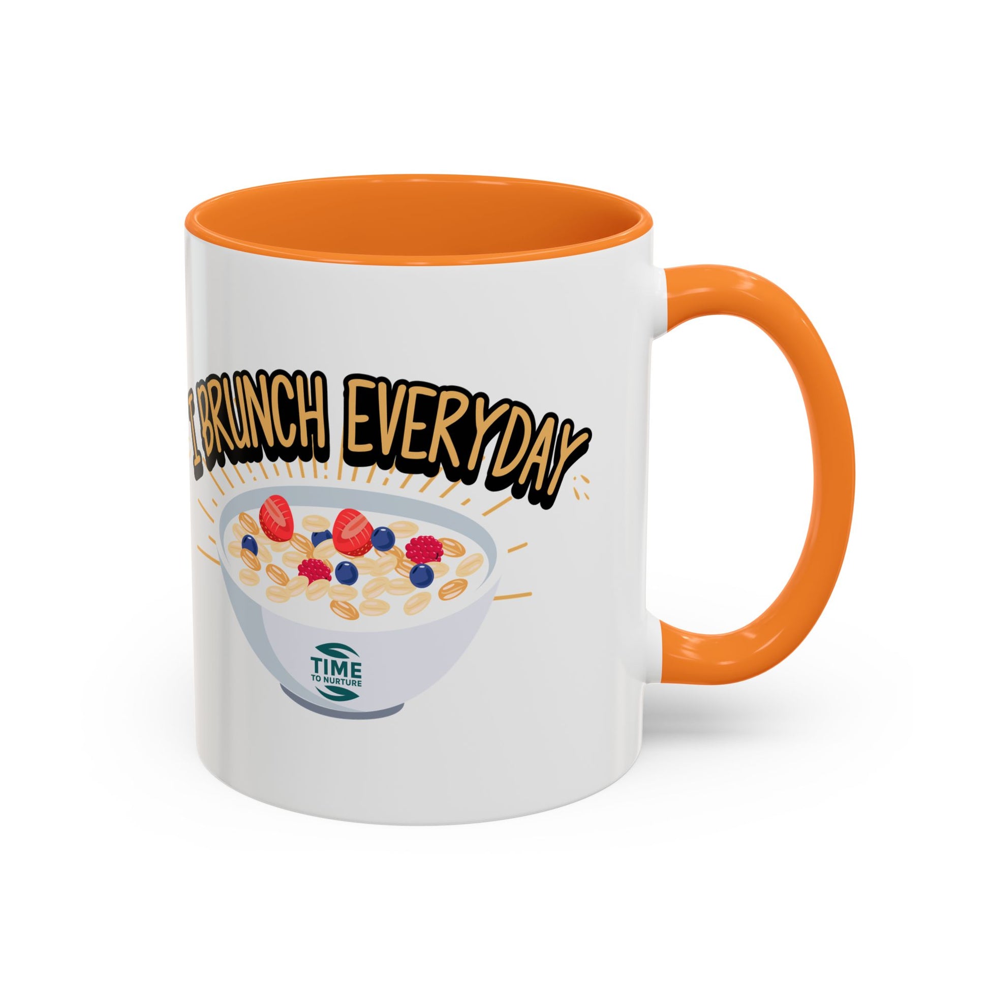 I Brunch Everyday ceramic mugs in vibrant colors, available in 11oz and 15oz sizes, designed for coffee, tea, juice, or brunch lovers, making a great gift for brunch enthusiasts, weekend getaways, or casual kitchen decor.