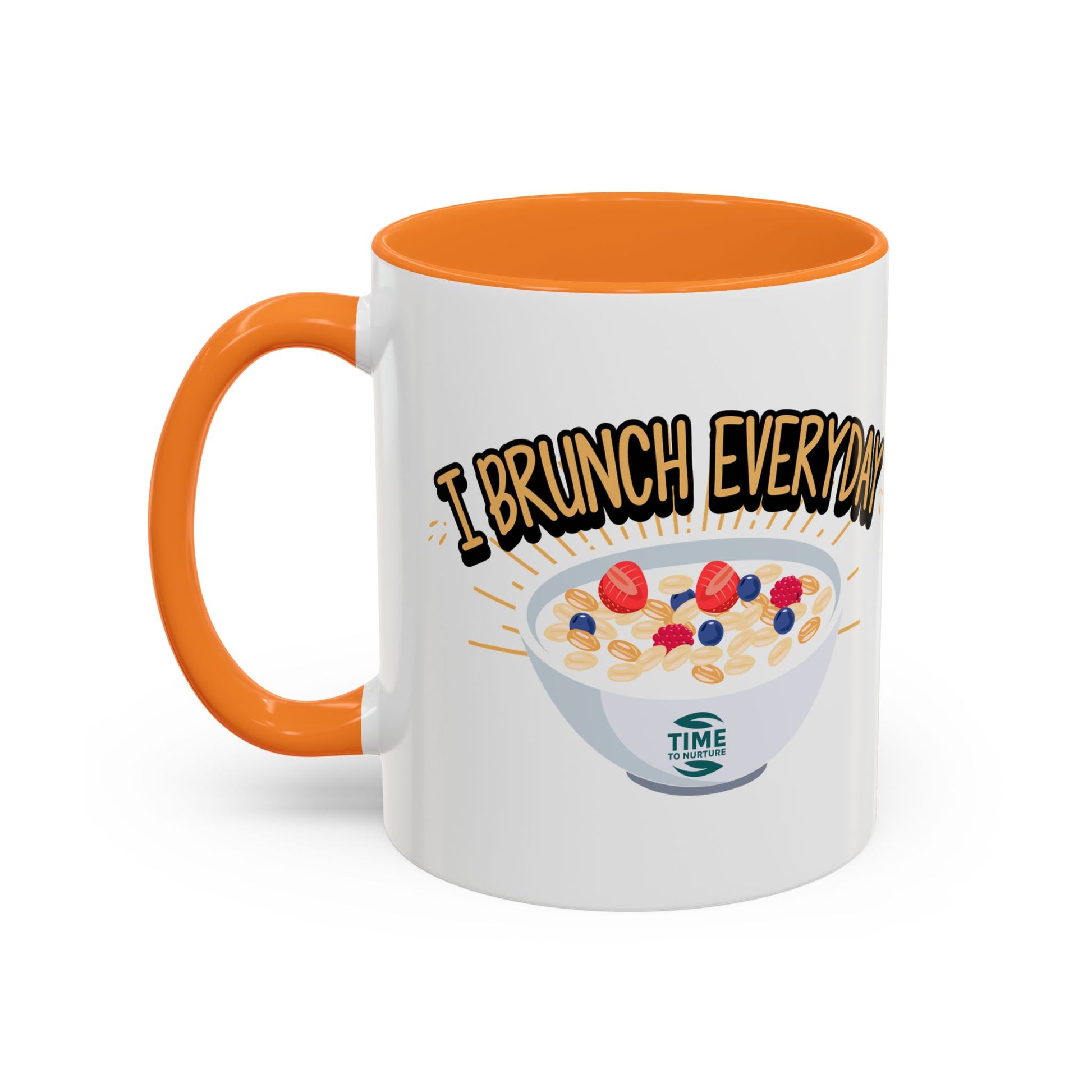 I Brunch Everyday ceramic mugs in vibrant colors, available in 11oz and 15oz sizes, designed for coffee, tea, juice, or brunch lovers, making a great gift for brunch enthusiasts, weekend getaways, or casual kitchen decor.