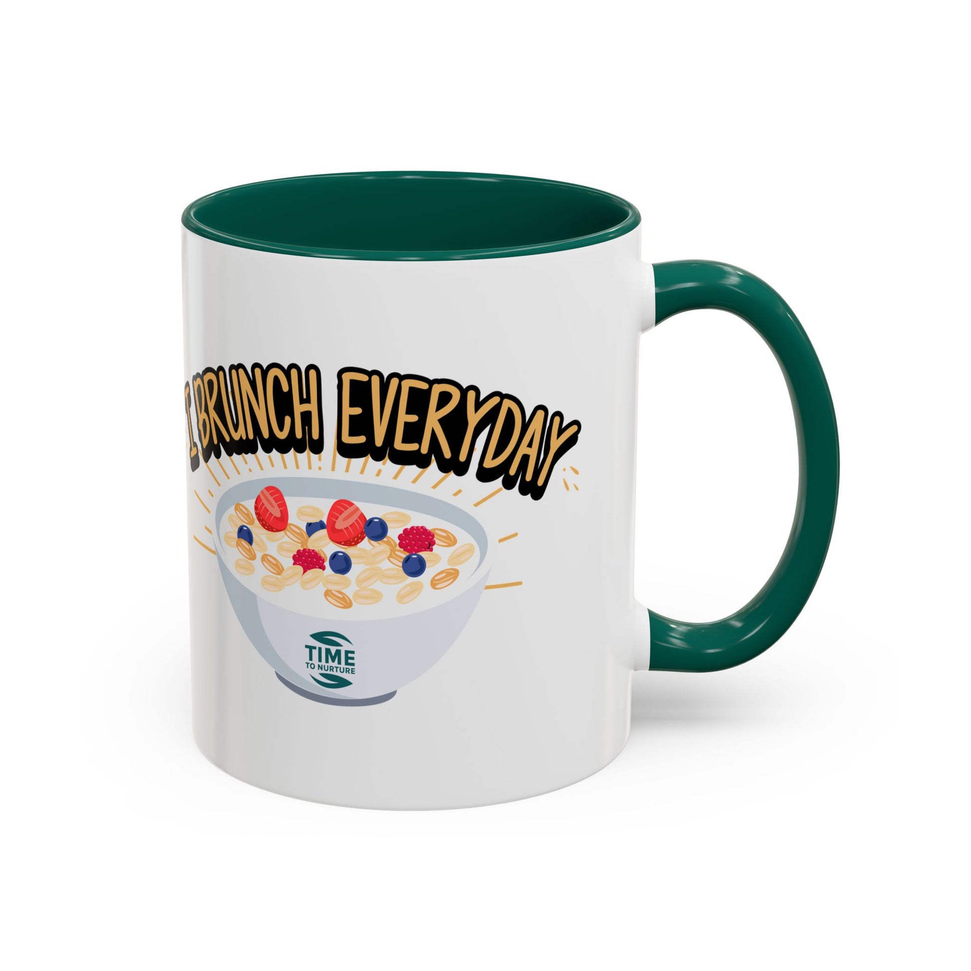 I Brunch Everyday ceramic mugs in vibrant colors, available in 11oz and 15oz sizes, designed for coffee, tea, juice, or brunch lovers, making a great gift for brunch enthusiasts, weekend getaways, or casual kitchen decor.