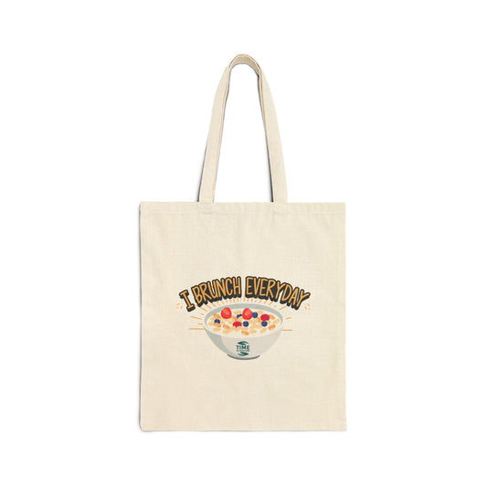 "I Brunch Everyday" cotton canvas tote bag, durable and stylish, perfect for carrying essentials to brunch, the market, or any adventure while embracing the brunch lifestyle.