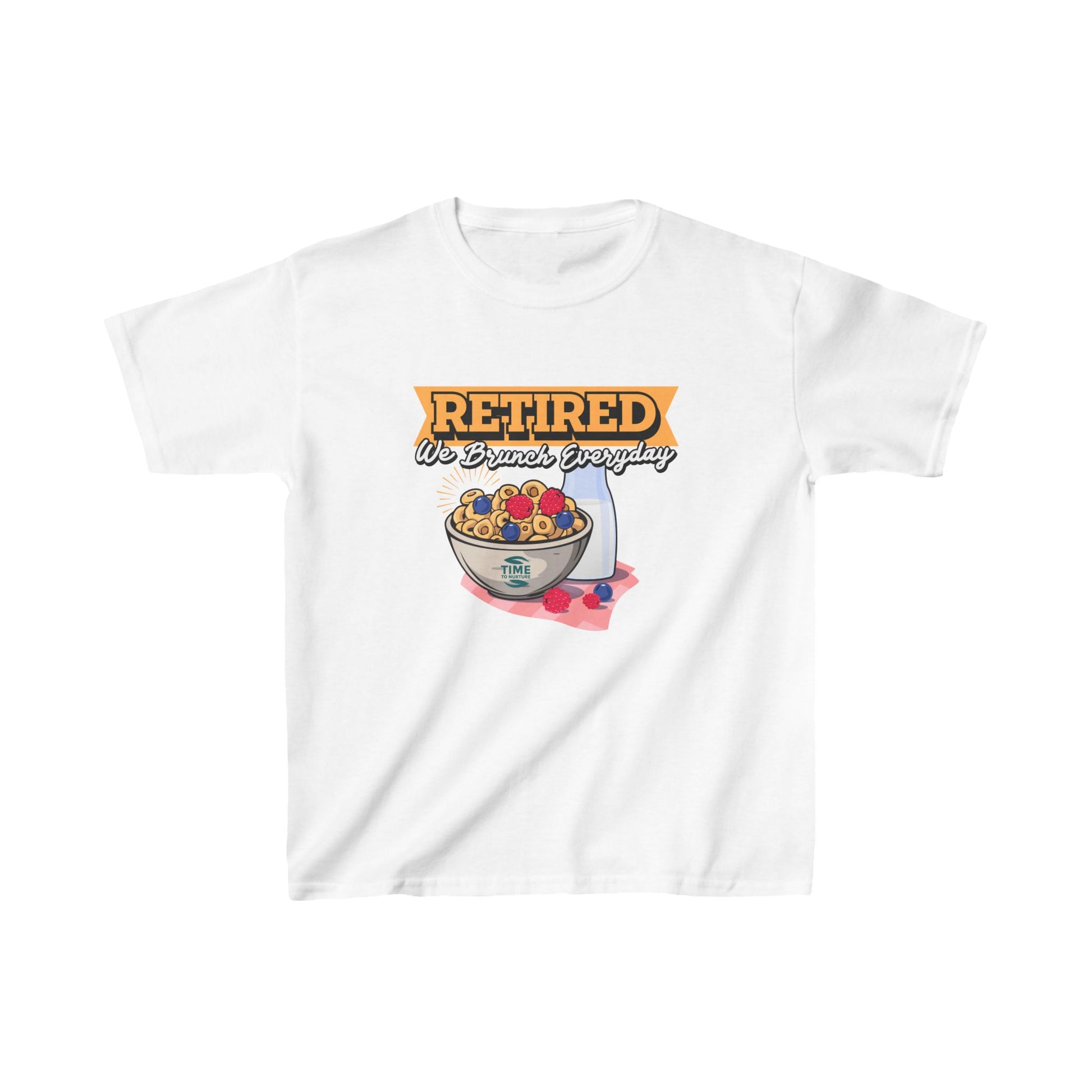 Kids' heavy cotton graphic tee with the phrase "Retired We Brunch Everyday" in a playful design. A funny and unique retirement-themed gift for kids who love matching family brunch vibes.