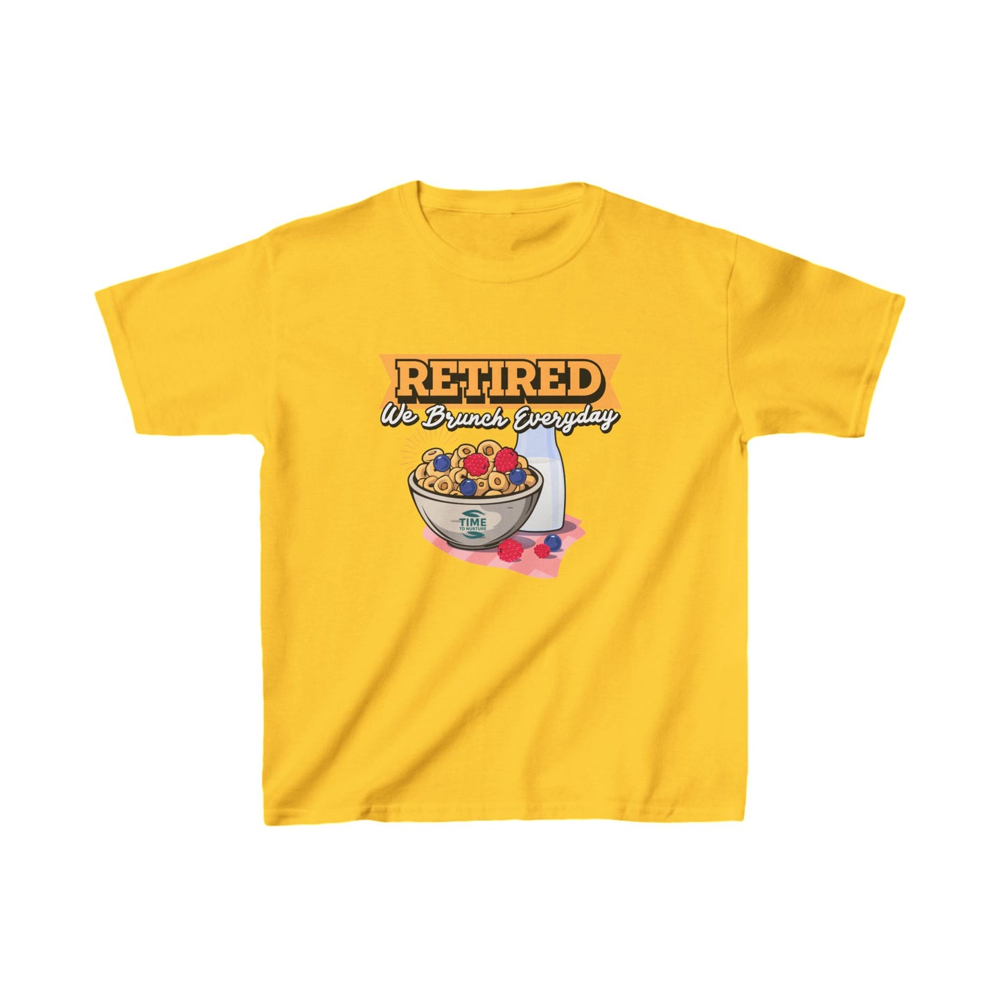 Kids' heavy cotton graphic tee with the phrase "Retired We Brunch Everyday" in a playful design. A funny and unique retirement-themed gift for kids who love matching family brunch vibes.