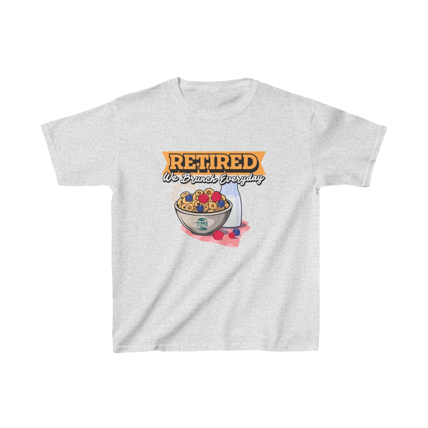 Kids' heavy cotton graphic tee with the phrase "Retired We Brunch Everyday" in a playful design. A funny and unique retirement-themed gift for kids who love matching family brunch vibes.