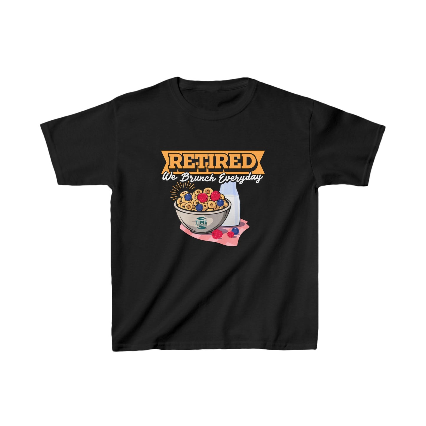 Kids' heavy cotton graphic tee with the phrase "Retired We Brunch Everyday" in a playful design. A funny and unique retirement-themed gift for kids who love matching family brunch vibes.