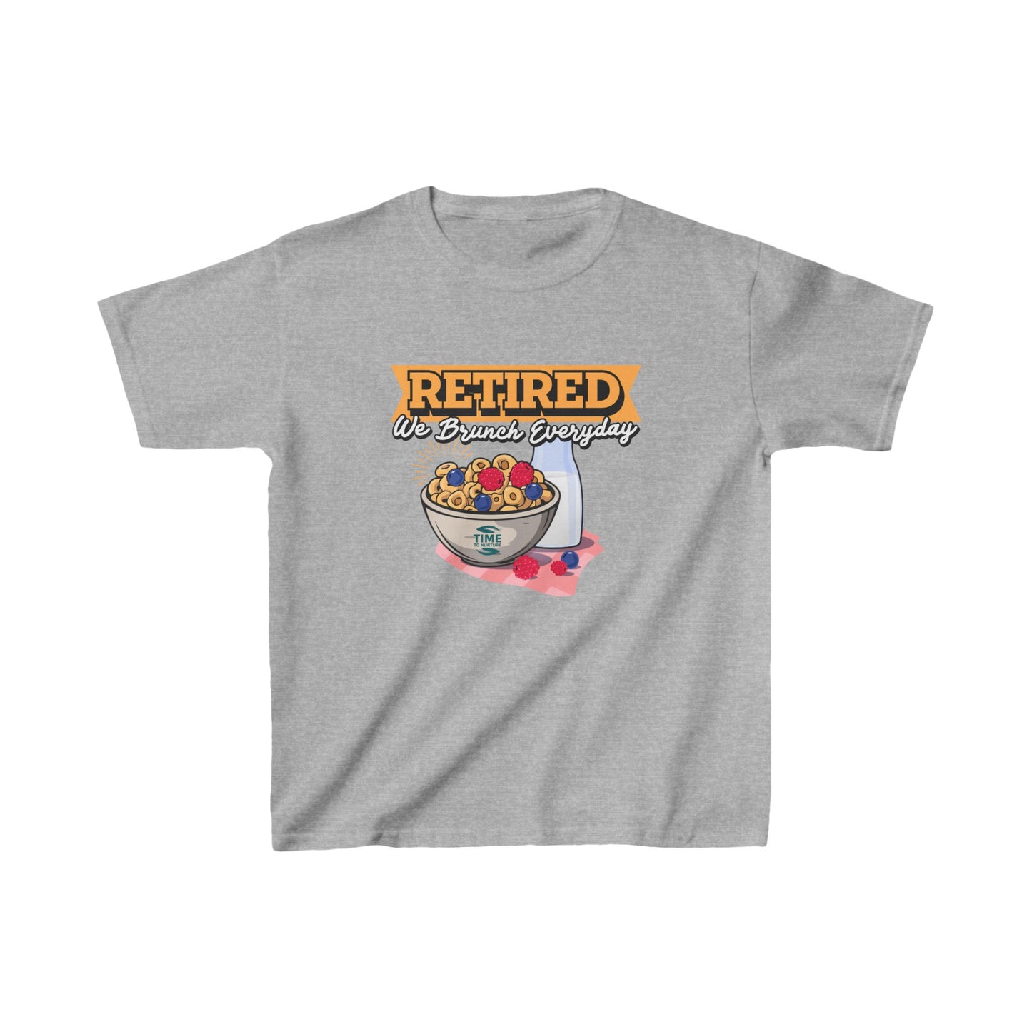 Kids' heavy cotton graphic tee with the phrase "Retired We Brunch Everyday" in a playful design. A funny and unique retirement-themed gift for kids who love matching family brunch vibes.