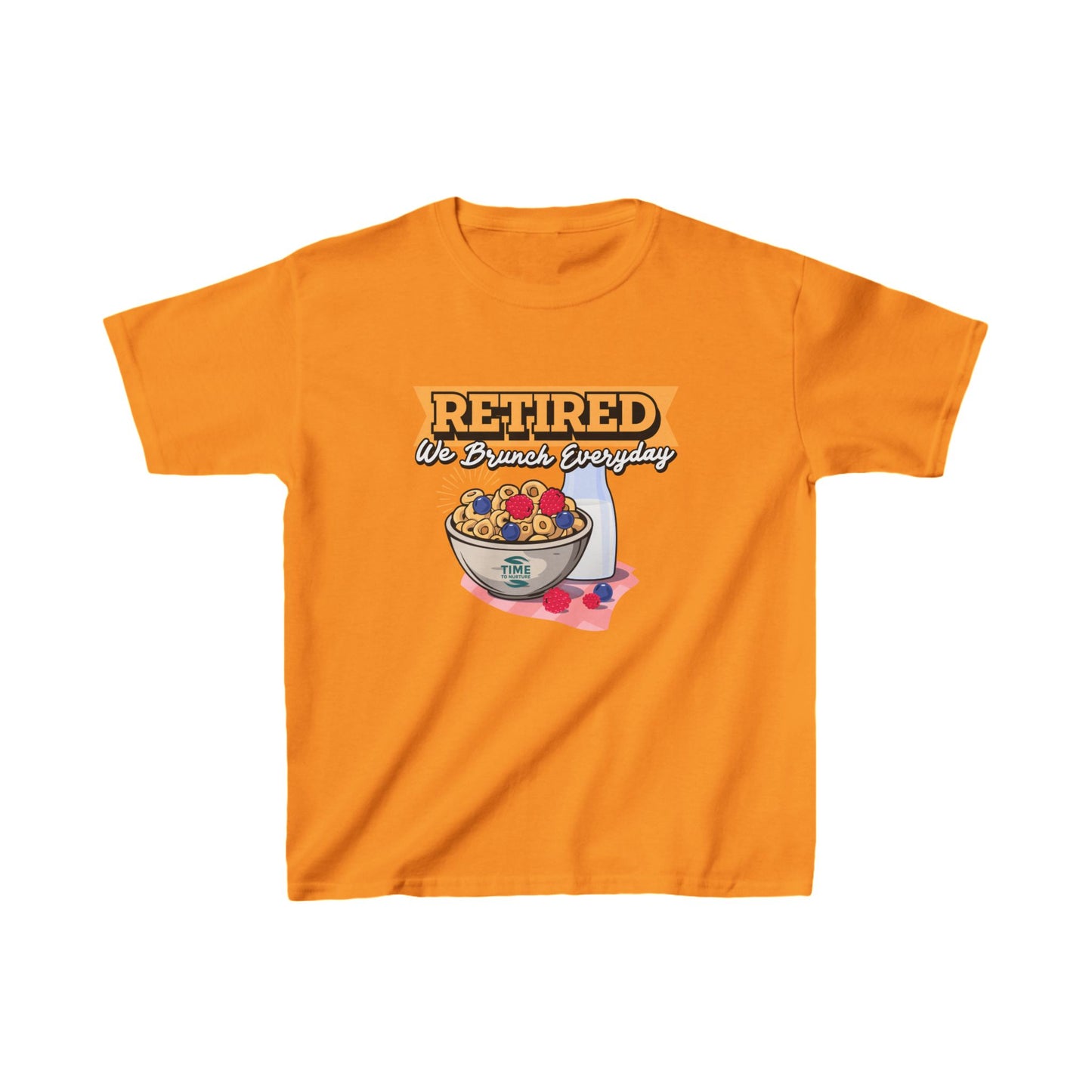 Kids' heavy cotton graphic tee with the phrase "Retired We Brunch Everyday" in a playful design. A funny and unique retirement-themed gift for kids who love matching family brunch vibes.