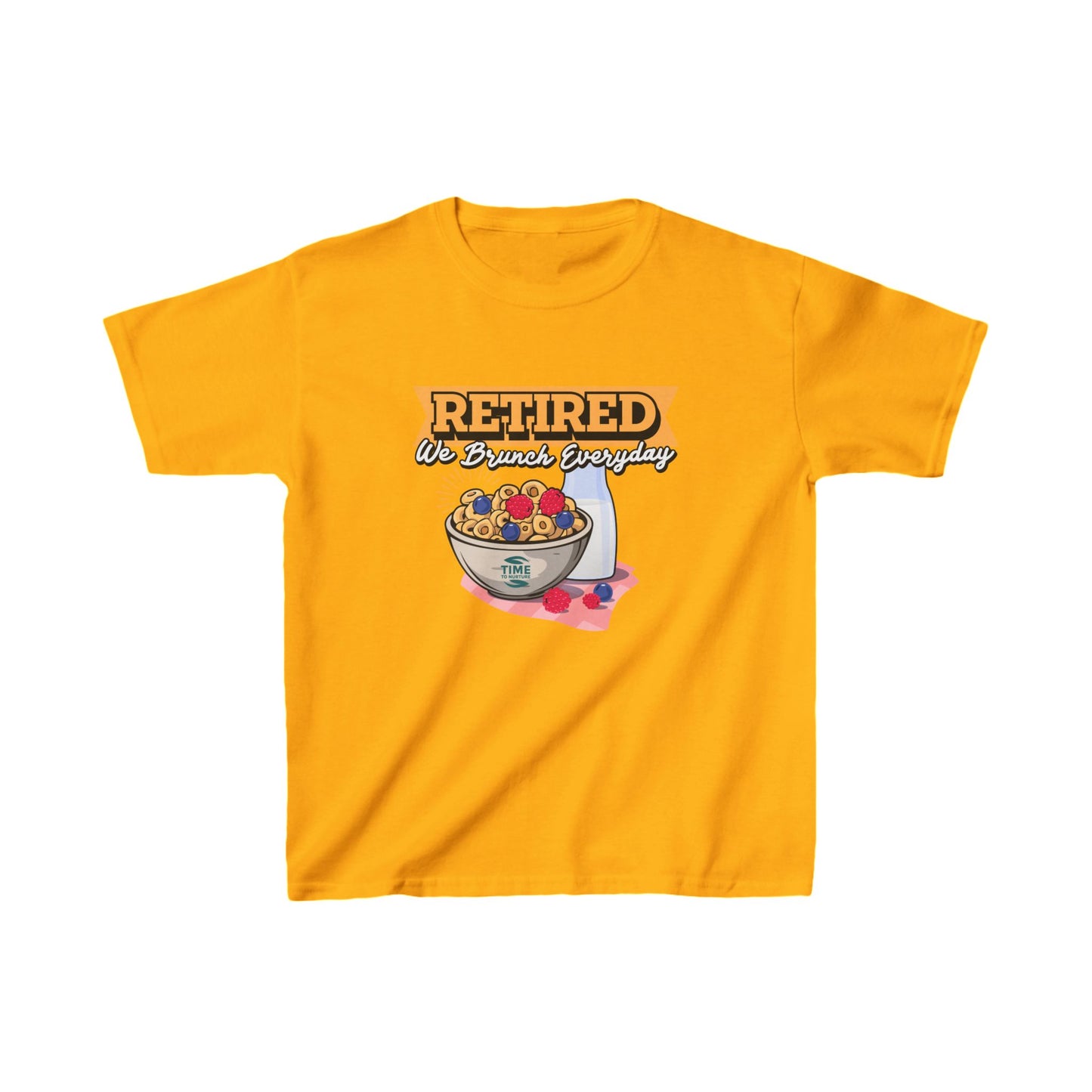 Kids' heavy cotton graphic tee with the phrase "Retired We Brunch Everyday" in a playful design. A funny and unique retirement-themed gift for kids who love matching family brunch vibes.