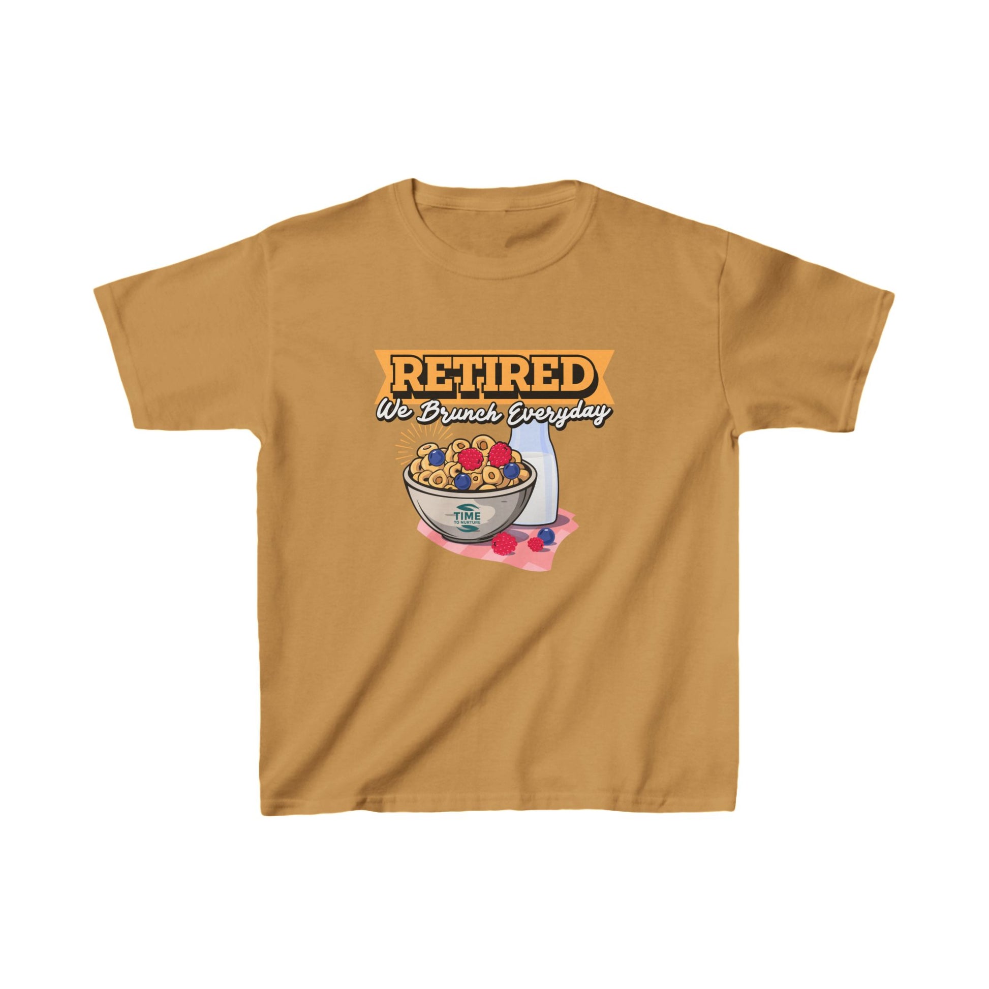 Kids' heavy cotton graphic tee with the phrase "Retired We Brunch Everyday" in a playful design. A funny and unique retirement-themed gift for kids who love matching family brunch vibes.