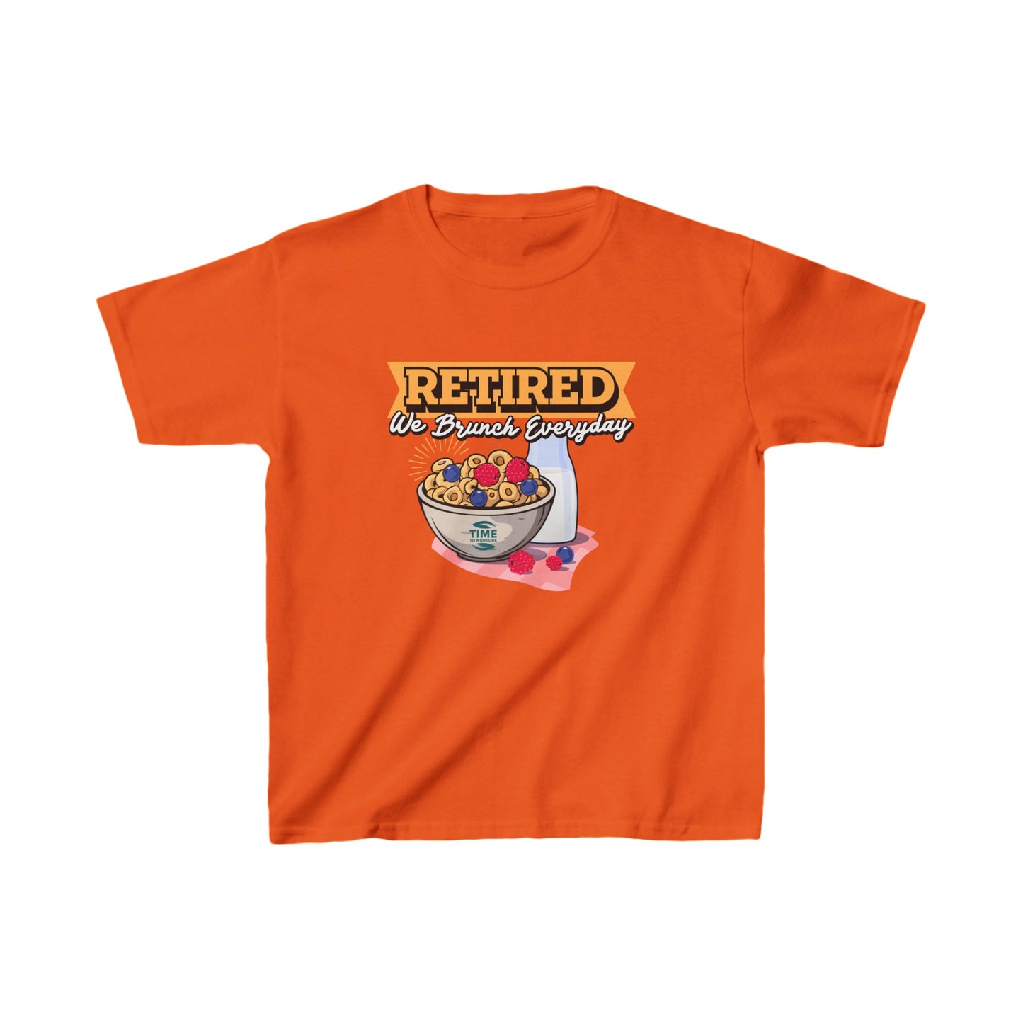 Kids' heavy cotton graphic tee with the phrase "Retired We Brunch Everyday" in a playful design. A funny and unique retirement-themed gift for kids who love matching family brunch vibes.