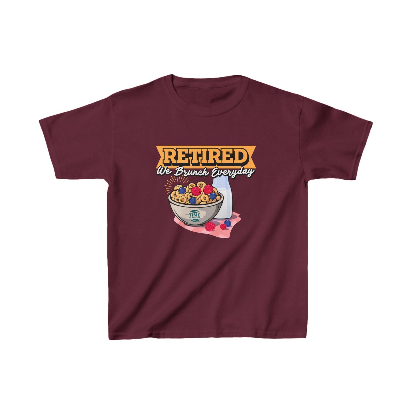 Kids' heavy cotton graphic tee with the phrase "Retired We Brunch Everyday" in a playful design. A funny and unique retirement-themed gift for kids who love matching family brunch vibes.