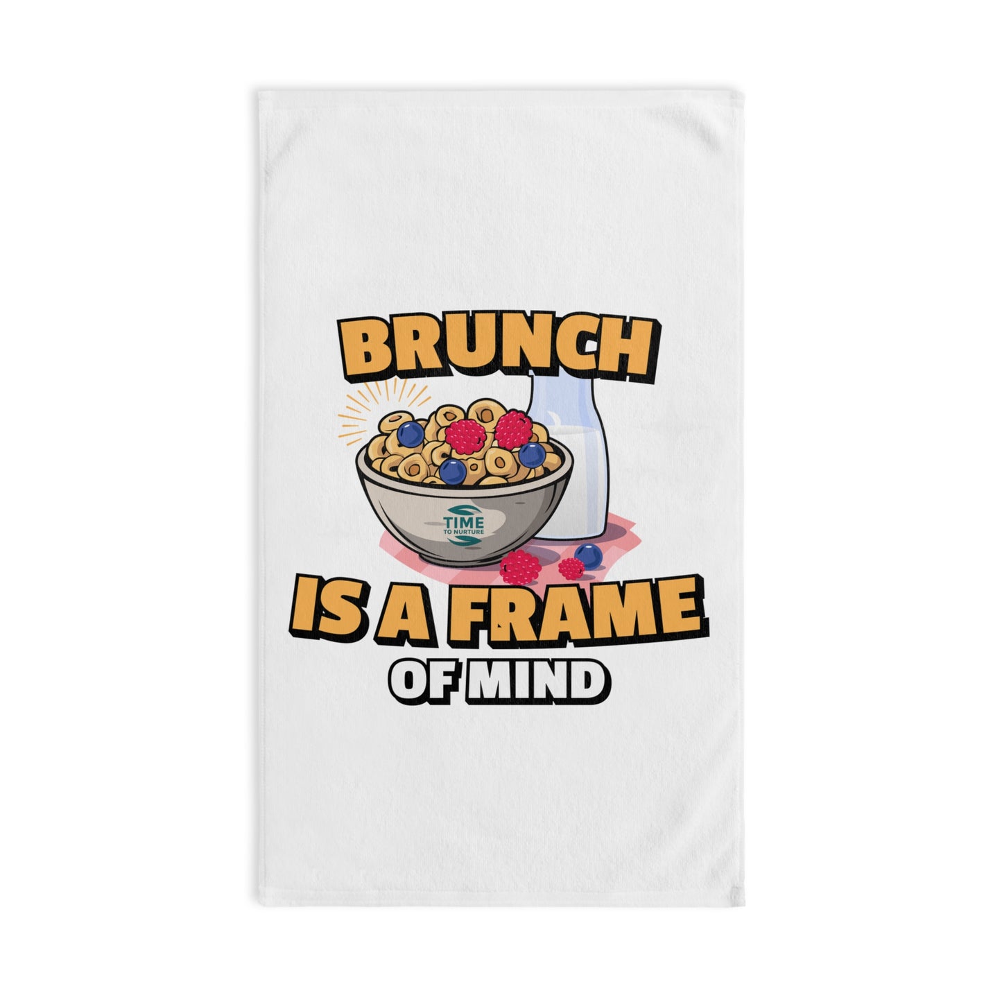 Playful kitchen hand towel featuring "Brunch is a Frame of Mind" text, perfect for foodies, brunch lovers, and humor enthusiasts. A fun and quirky addition to kitchen or bathroom decor, adding personality and charm.