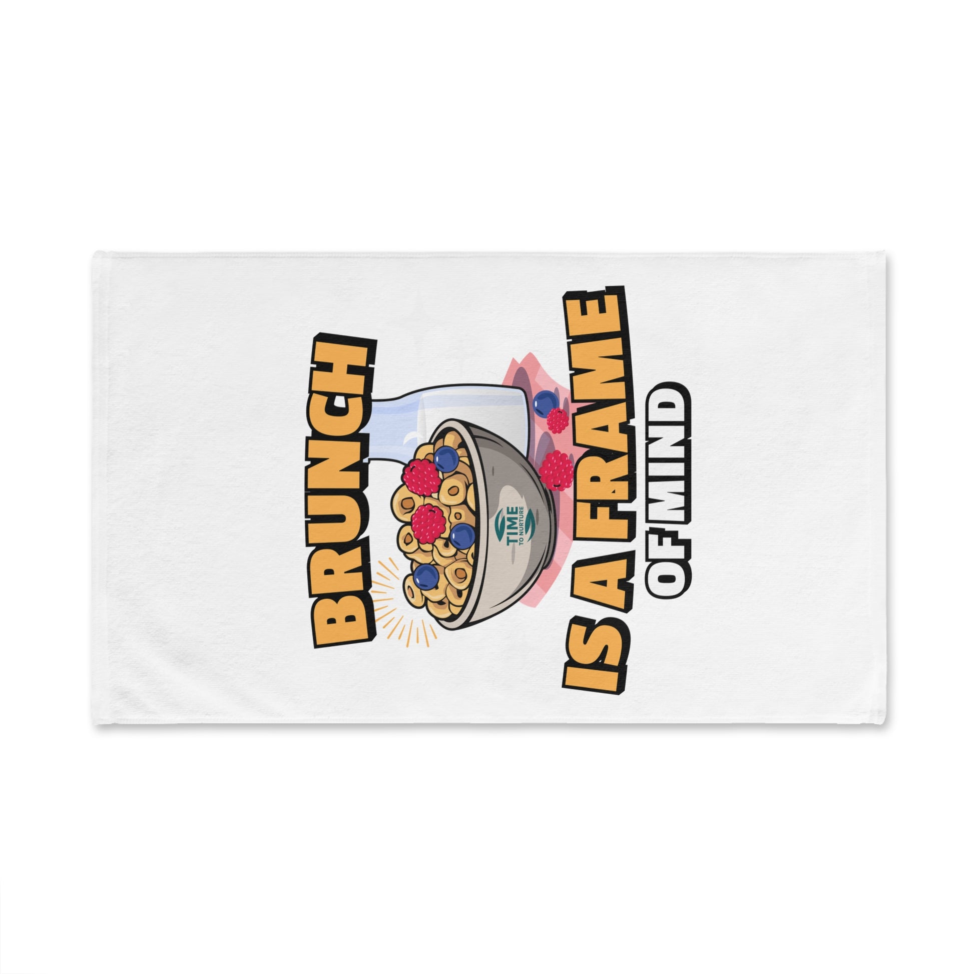 Playful kitchen hand towel featuring "Brunch is a Frame of Mind" text, perfect for foodies, brunch lovers, and humor enthusiasts. A fun and quirky addition to kitchen or bathroom decor, adding personality and charm.
