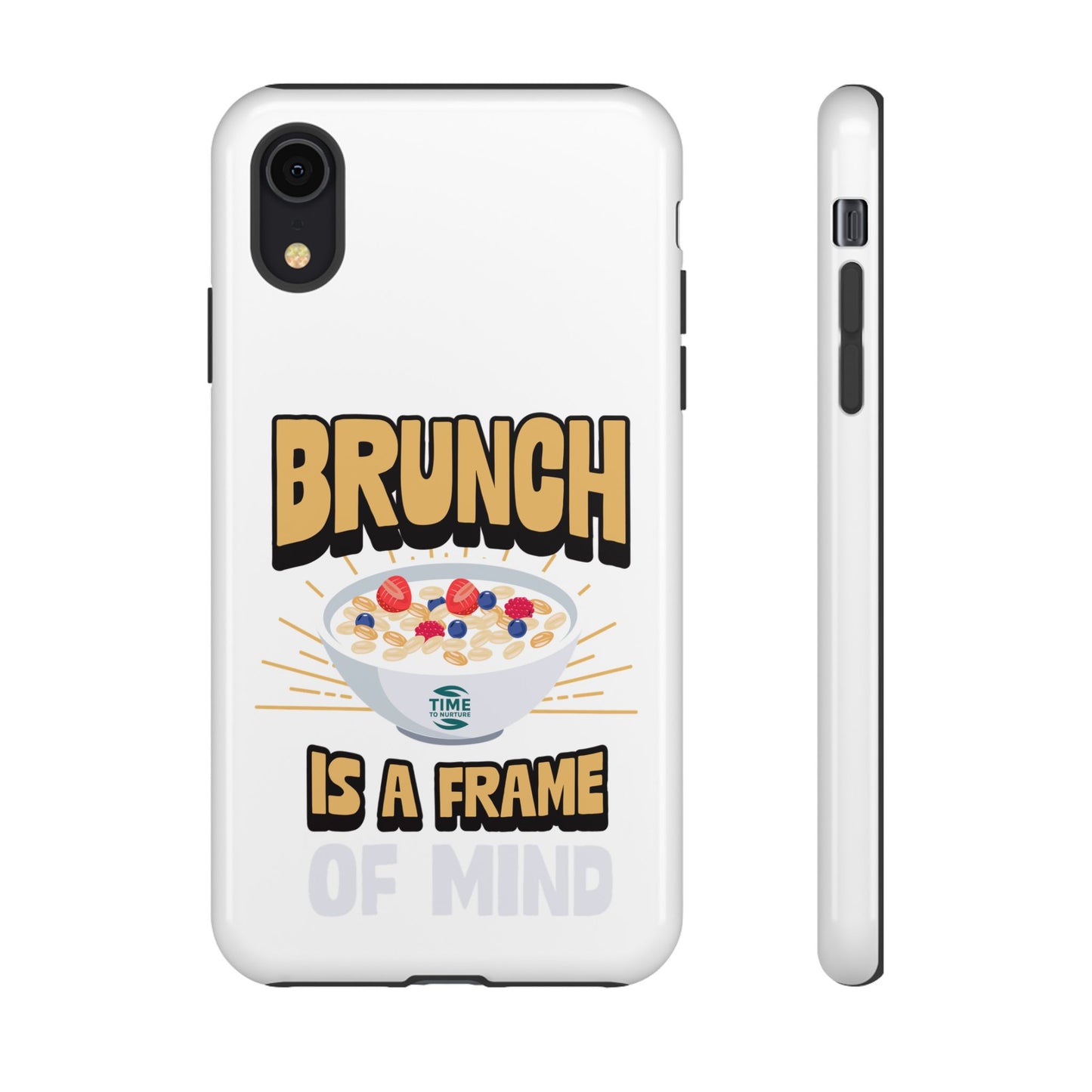 Protective phone case with a brunch retirement theme, featuring the phrase frame of mind. A stylish and durable gift for brunch lovers.