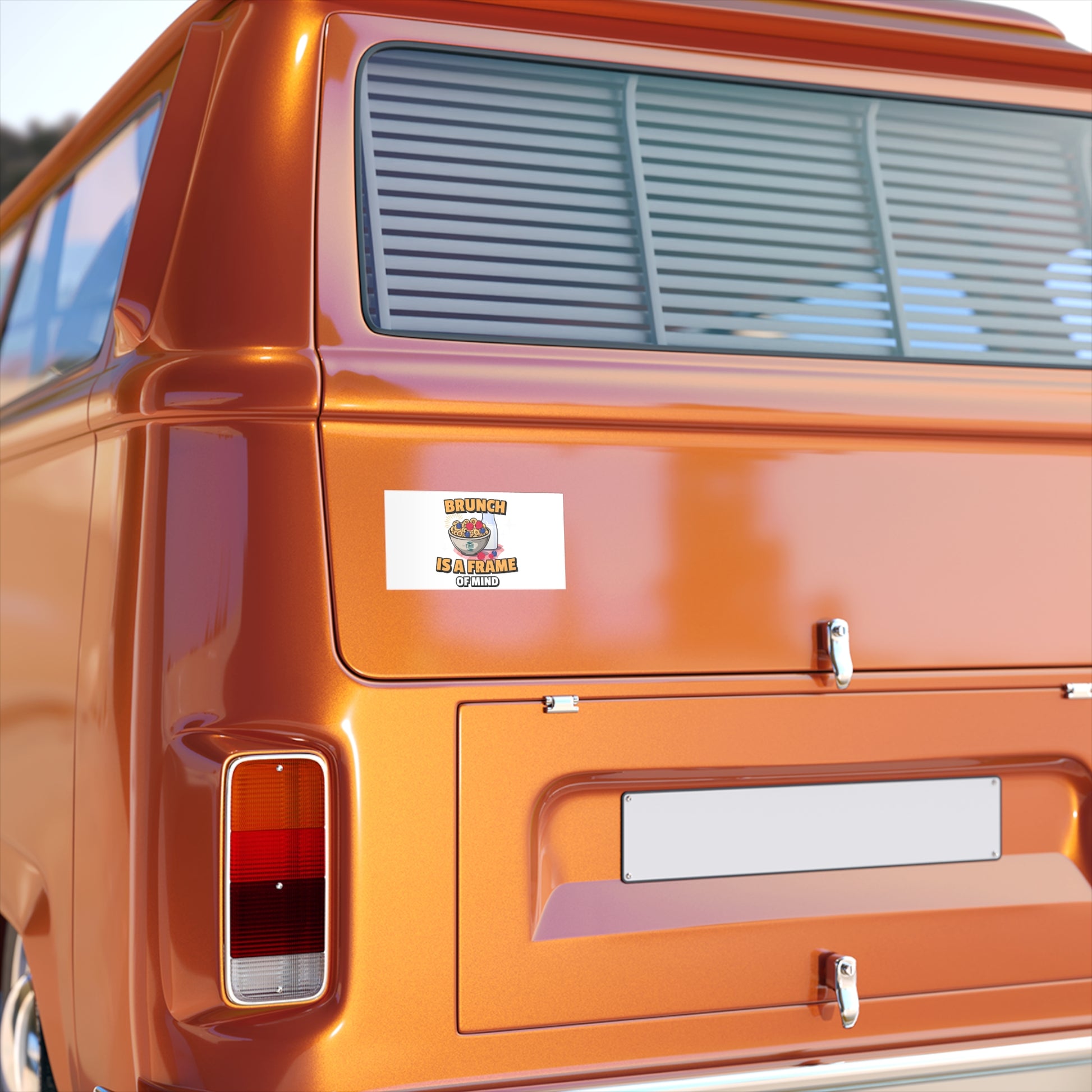 Rectangular bumper sticker with bold, stylish text that reads "Brunch Is a Frame of Mind." The design is modern and playful, perfect for cars, laptops, water bottles, and more—ideal for brunch lovers and foodies.
