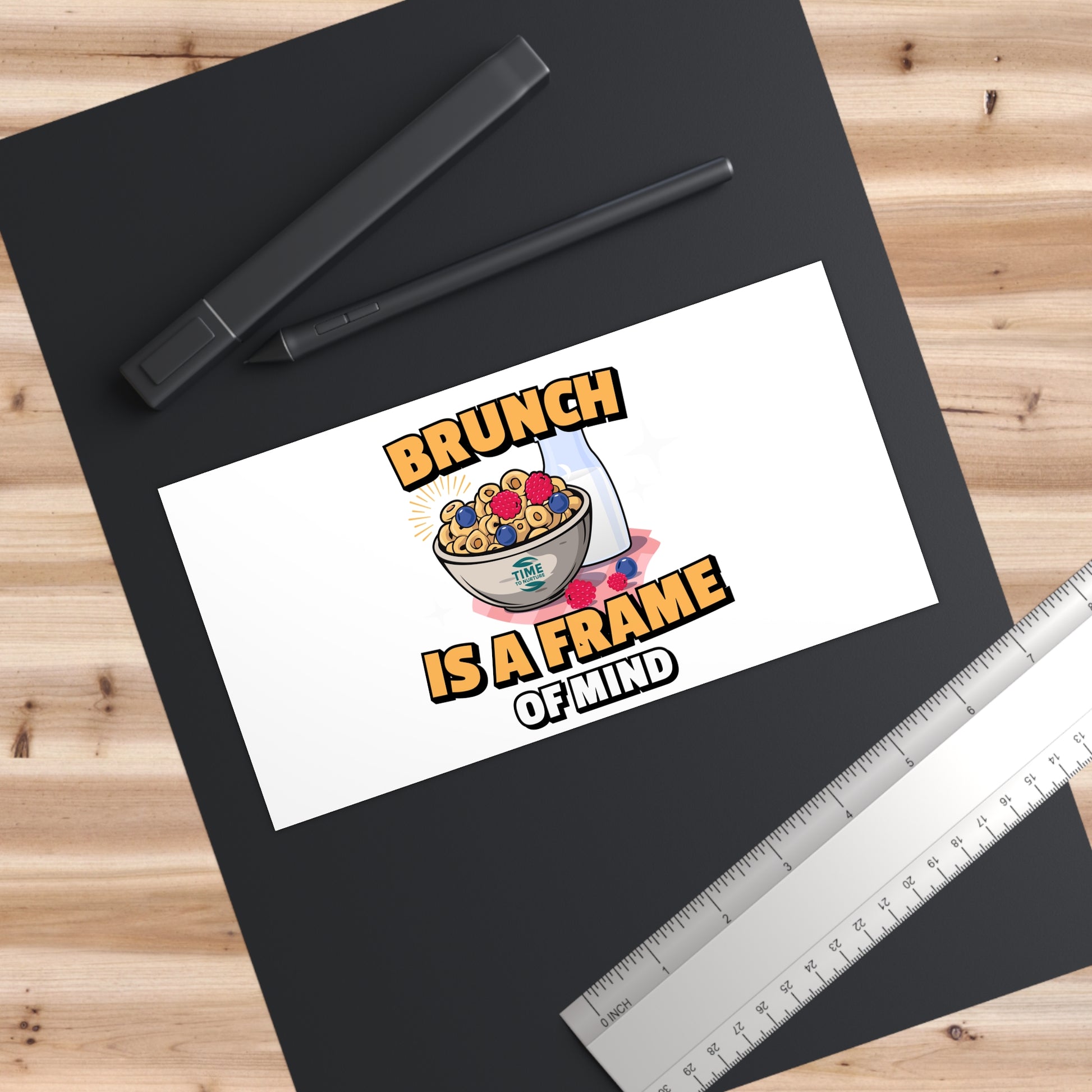 Rectangular bumper sticker with bold, stylish text that reads "Brunch Is a Frame of Mind." The design is modern and playful, perfect for cars, laptops, water bottles, and more—ideal for brunch lovers and foodies.