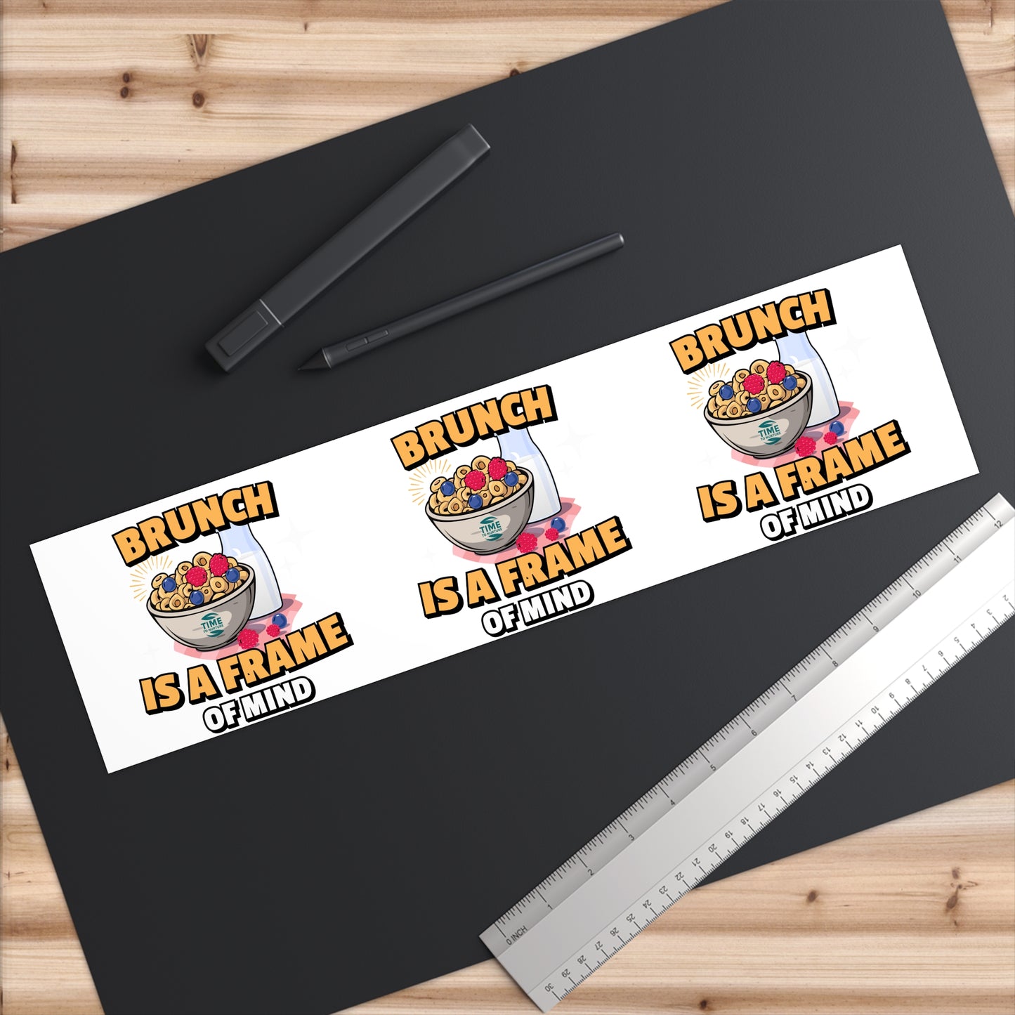 Rectangular bumper sticker with bold, stylish text that reads "Brunch Is a Frame of Mind." The design is modern and playful, perfect for cars, laptops, water bottles, and more—ideal for brunch lovers and foodies.