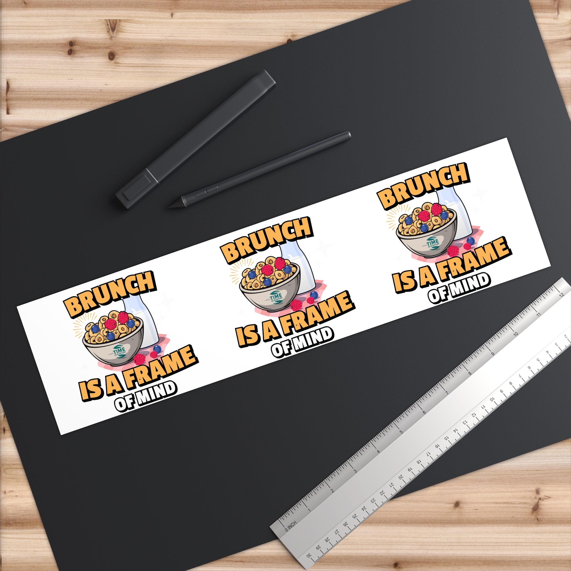 Rectangular bumper sticker with bold, stylish text that reads "Brunch Is a Frame of Mind." The design is modern and playful, perfect for cars, laptops, water bottles, and more—ideal for brunch lovers and foodies.