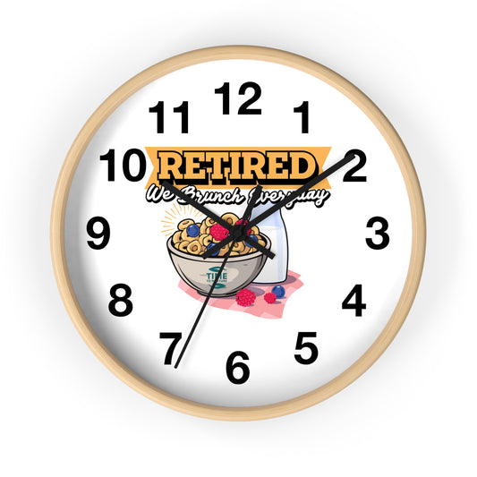 Retired Brunch wall clock with a fun, stylish design, perfect for kitchen decor and a unique gift for retirees who love brunch and relaxed living