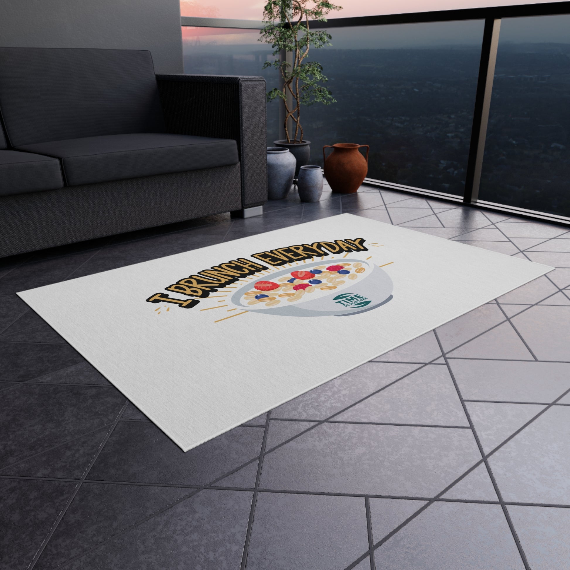 Retired & Brunching Everyday outdoor rug with a fun and stylish design, perfect for patios, picnics, BBQs, garden parties, and outdoor gatherings. Durable and vibrant home décor, making a great retirement gift for foodies, brunch enthusiasts, and relaxation seekers.