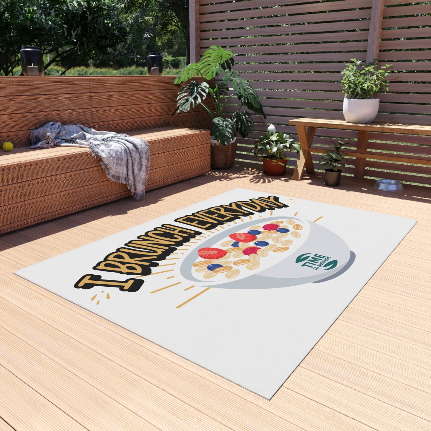 Retired & Brunching Everyday outdoor rug with a fun and stylish design, perfect for patios, picnics, BBQs, garden parties, and outdoor gatherings. Durable and vibrant home décor, making a great retirement gift for foodies, brunch enthusiasts, and relaxation seekers.
