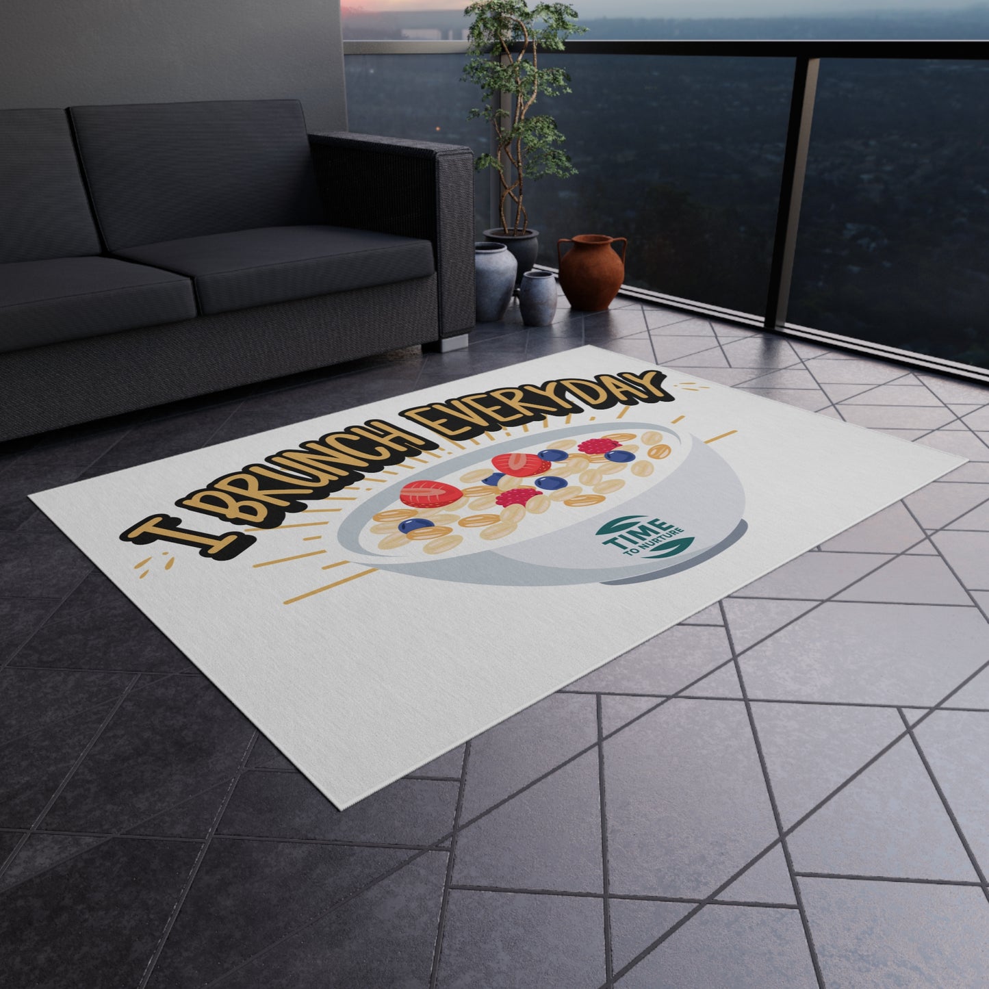 Retired & Brunching Everyday outdoor rug with a fun and stylish design, perfect for patios, picnics, BBQs, garden parties, and outdoor gatherings. Durable and vibrant home décor, making a great retirement gift for foodies, brunch enthusiasts, and relaxation seekers.