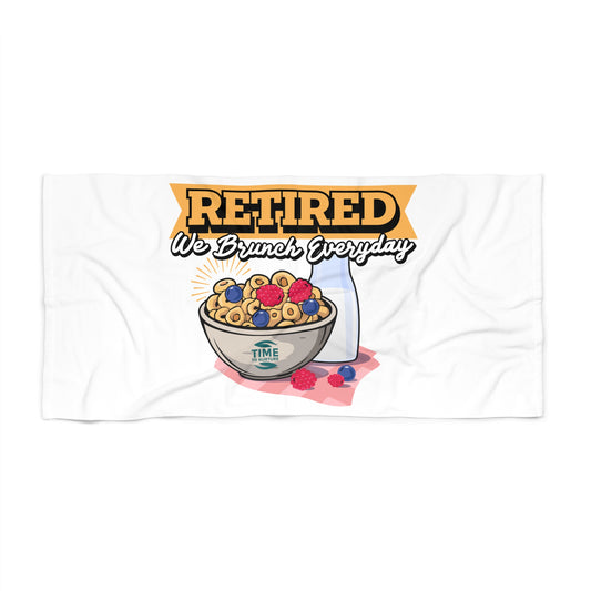 Retired & Brunching beach towel with a fun and cozy design, perfect for poolside relaxation, beach days, and summer getaways. A great retirement gift for brunch lovers.