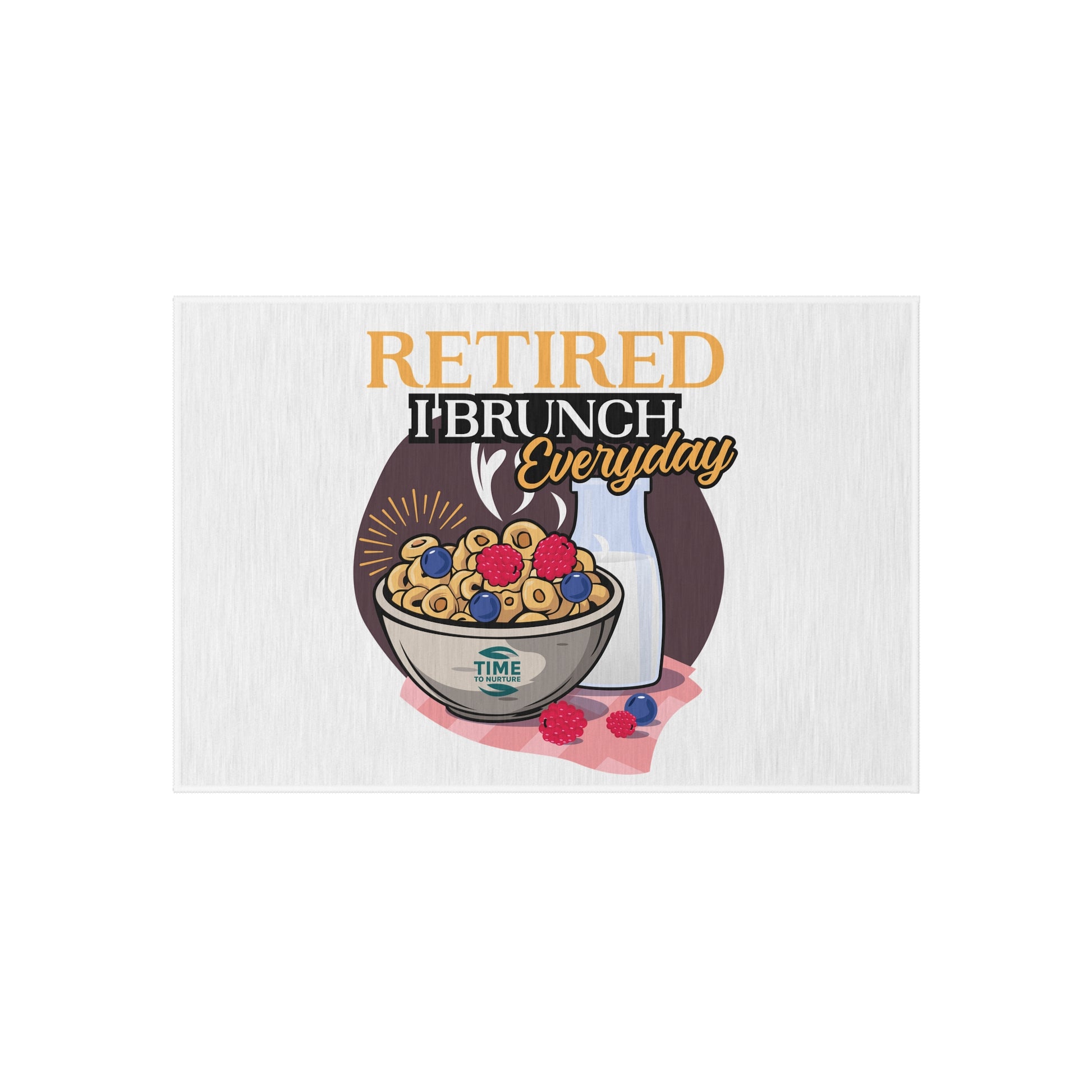 Retired I Brunch Everyday Outdoor Rug featuring a playful design with vibrant colors, perfect for patios, gardens, and indoor spaces. A cozy welcome mat ideal for retirees, brunch lovers, and housewarming gifts.