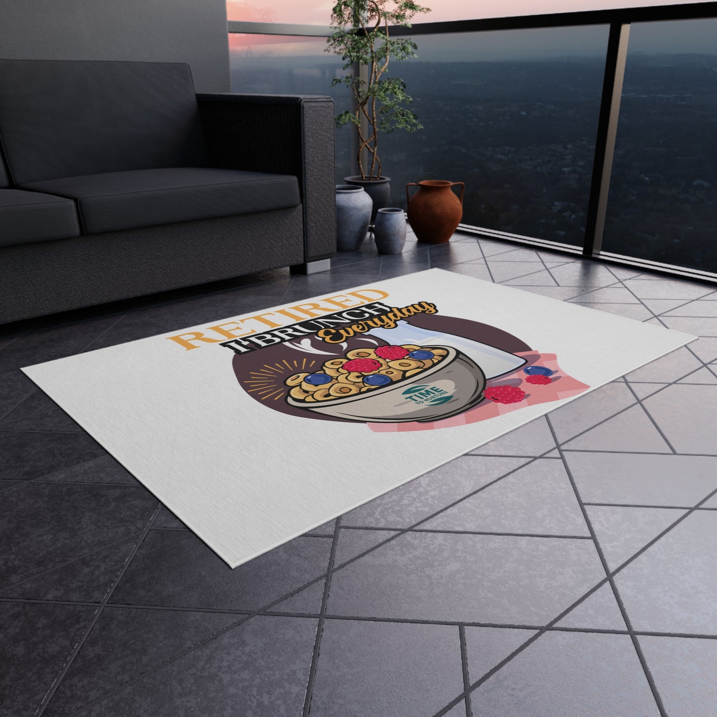 Retired I Brunch Everyday Outdoor Rug featuring a playful design with vibrant colors, perfect for patios, gardens, and indoor spaces. A cozy welcome mat ideal for retirees, brunch lovers, and housewarming gifts.