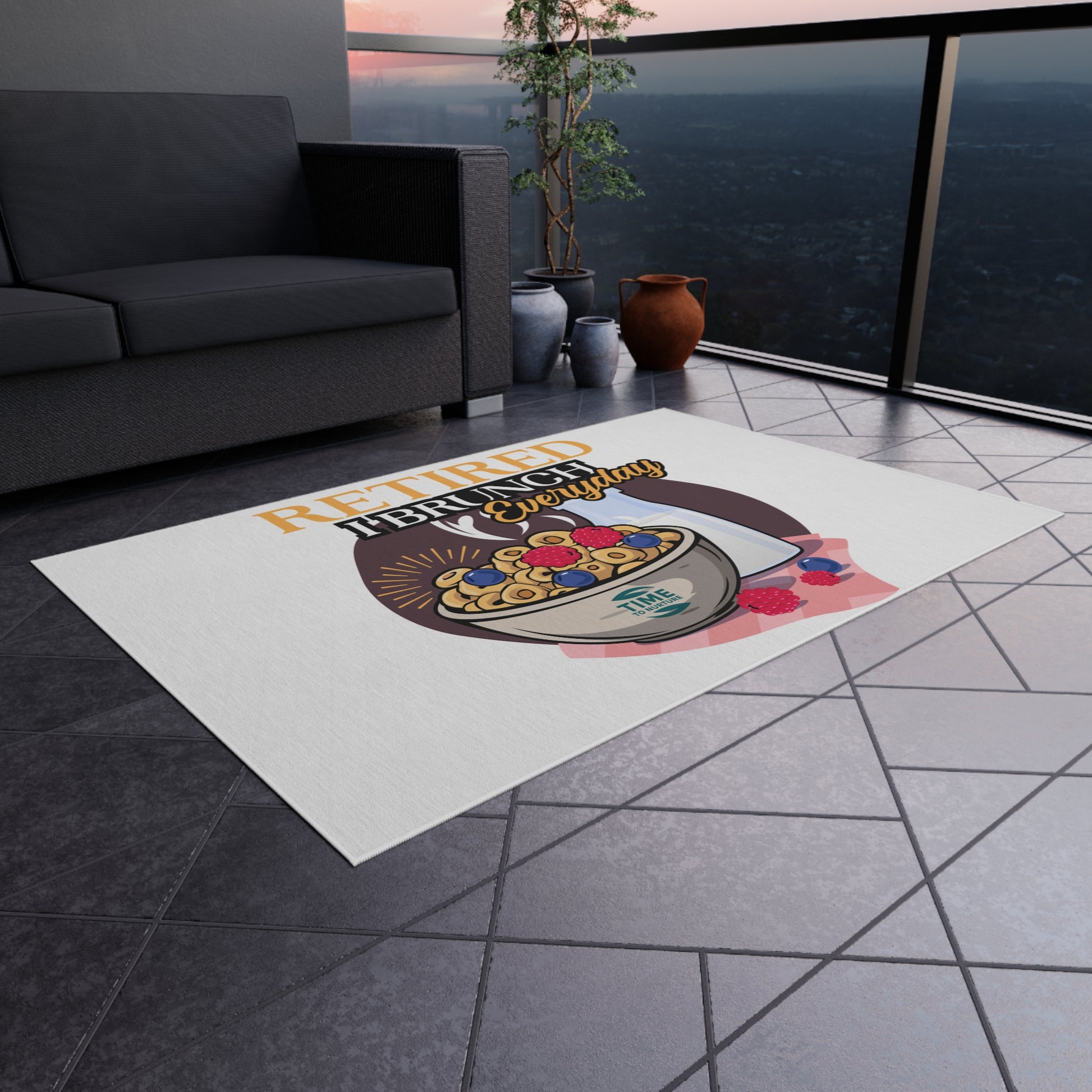 Retired I Brunch Everyday Outdoor Rug featuring a playful design with vibrant colors, perfect for patios, gardens, and indoor spaces. A cozy welcome mat ideal for retirees, brunch lovers, and housewarming gifts.