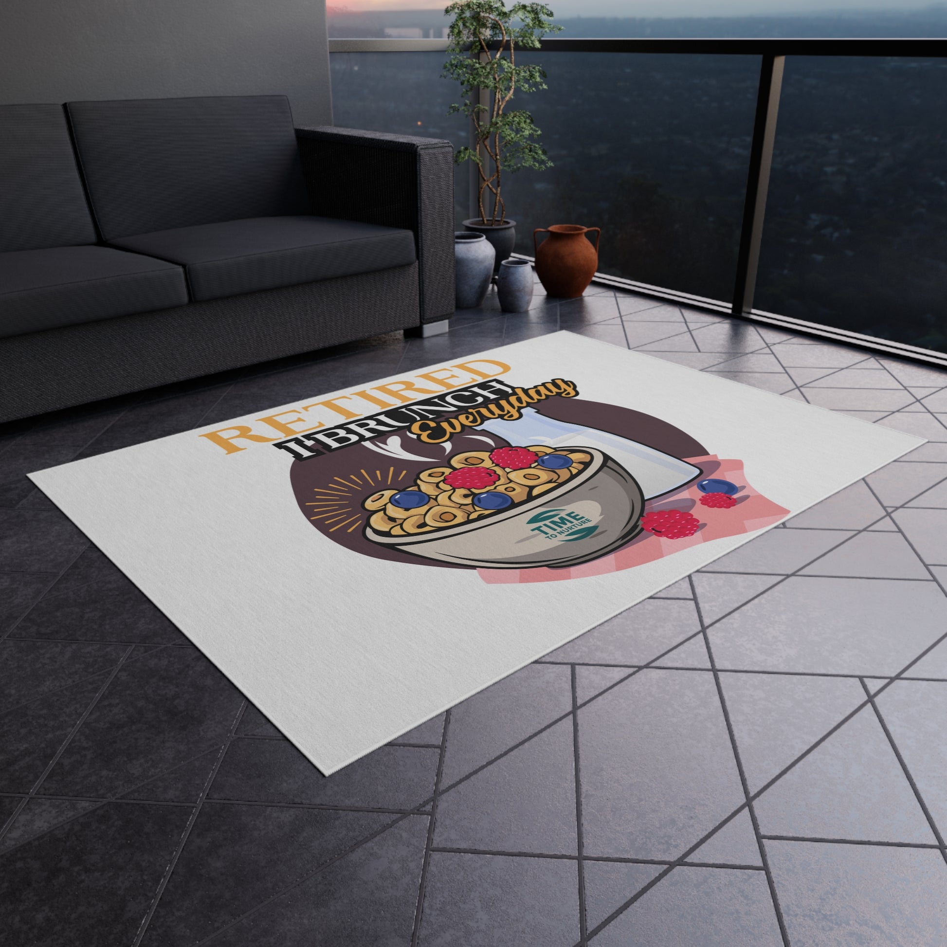 Retired I Brunch Everyday Outdoor Rug featuring a playful design with vibrant colors, perfect for patios, gardens, and indoor spaces. A cozy welcome mat ideal for retirees, brunch lovers, and housewarming gifts.