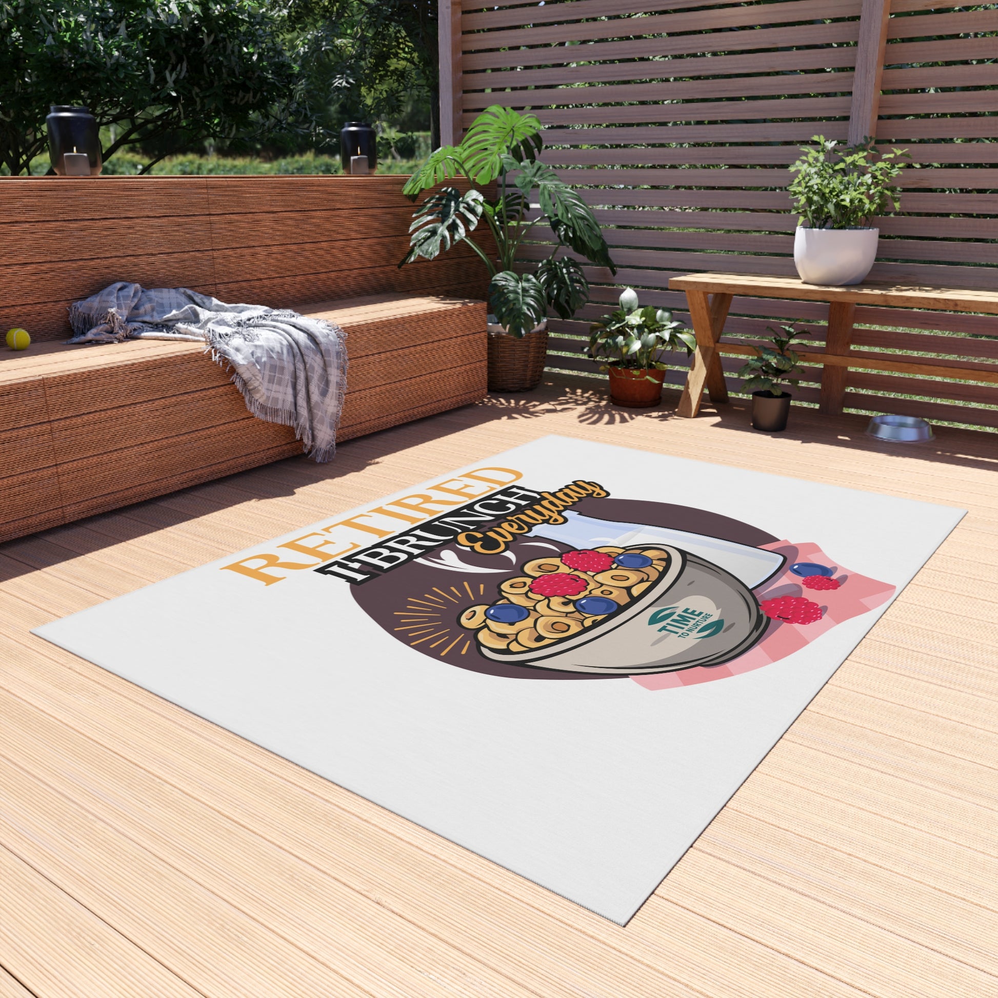 Retired I Brunch Everyday Outdoor Rug featuring a playful design with vibrant colors, perfect for patios, gardens, and indoor spaces. A cozy welcome mat ideal for retirees, brunch lovers, and housewarming gifts.