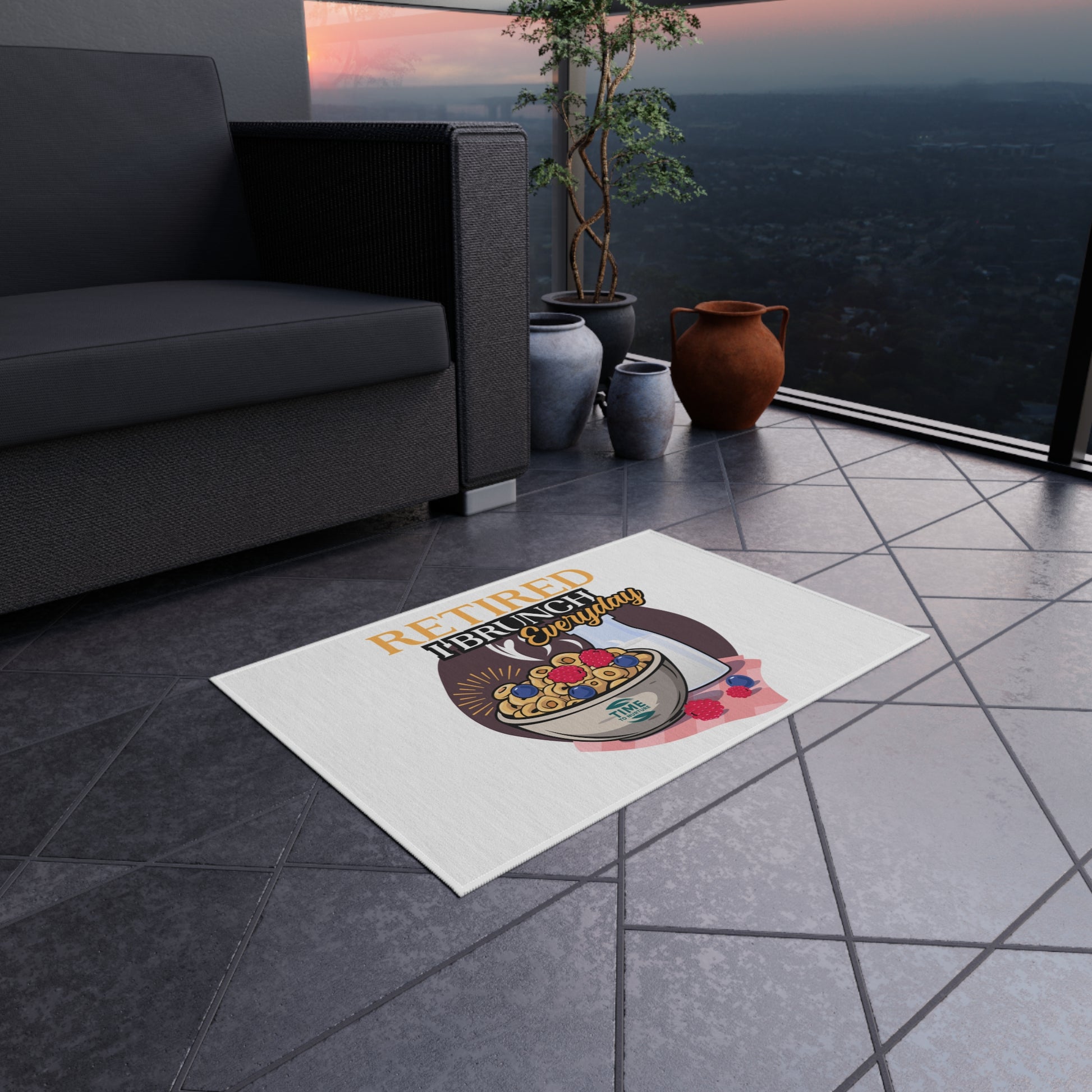 Retired I Brunch Everyday Outdoor Rug featuring a playful design with vibrant colors, perfect for patios, gardens, and indoor spaces. A cozy welcome mat ideal for retirees, brunch lovers, and housewarming gifts.