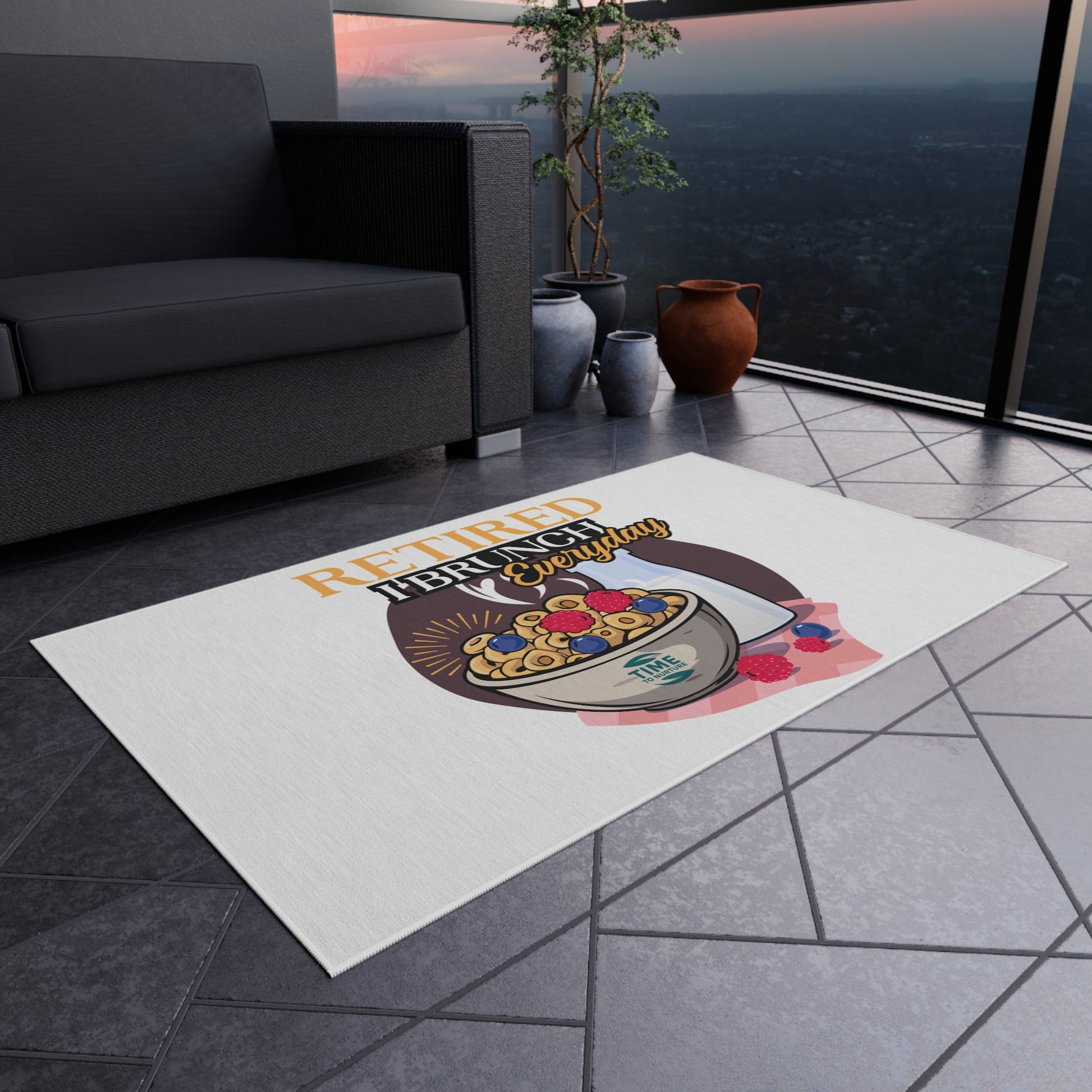 Retired I Brunch Everyday Outdoor Rug featuring a playful design with vibrant colors, perfect for patios, gardens, and indoor spaces. A cozy welcome mat ideal for retirees, brunch lovers, and housewarming gifts.
