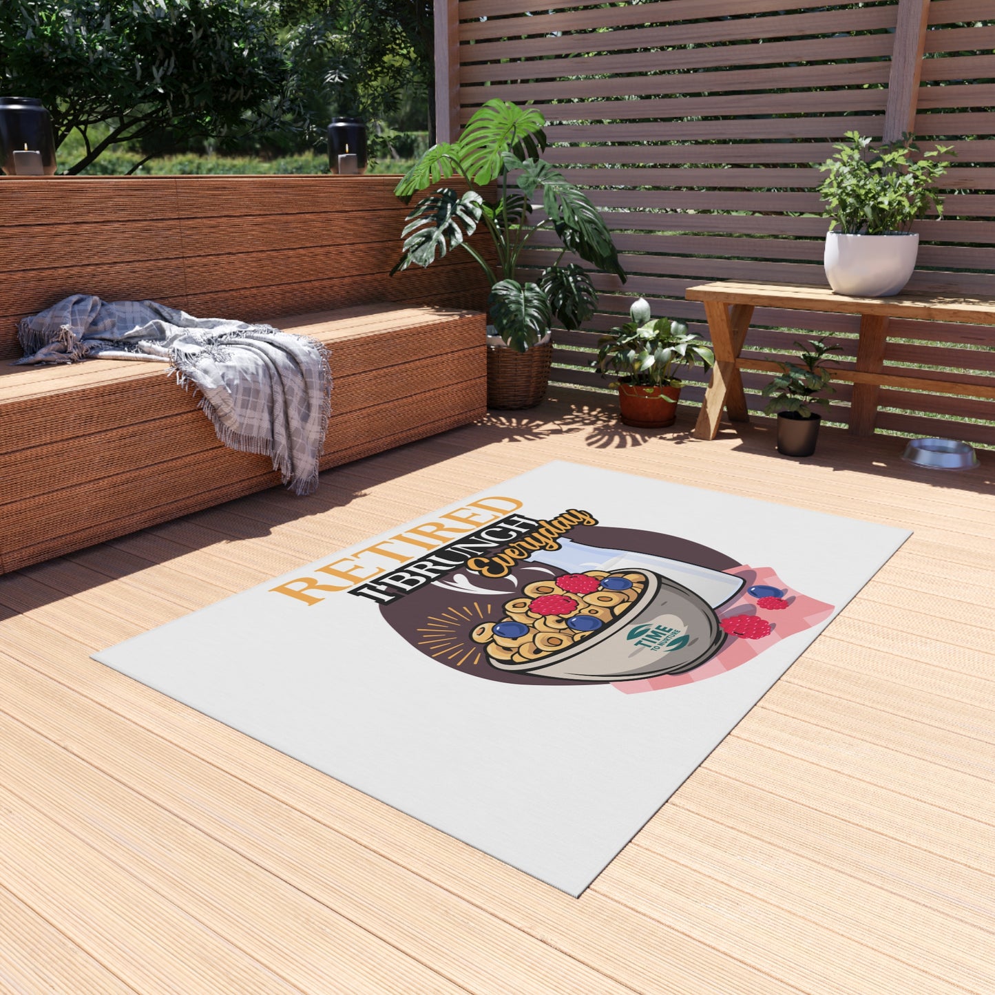 Retired I Brunch Everyday Outdoor Rug featuring a playful design with vibrant colors, perfect for patios, gardens, and indoor spaces. A cozy welcome mat ideal for retirees, brunch lovers, and housewarming gifts.
