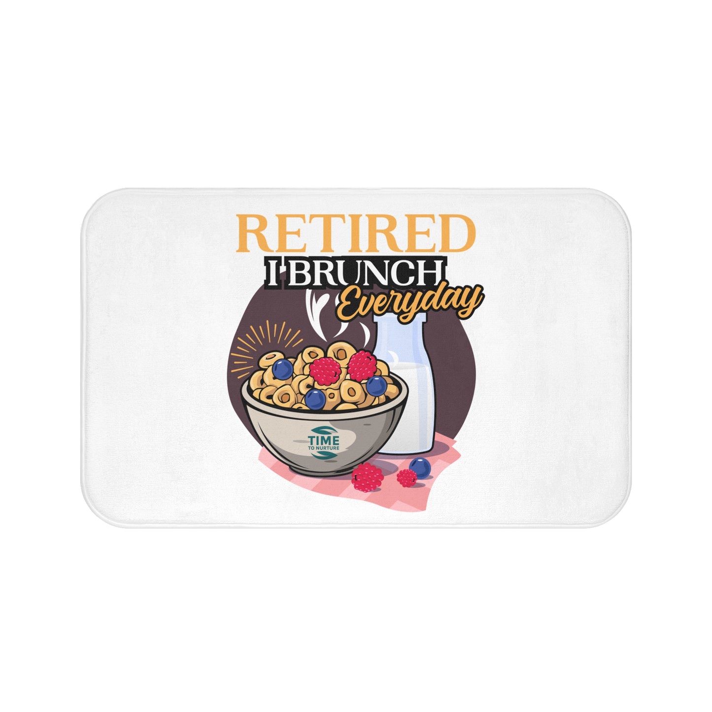 Retired I Brunch Everyday bath mat with a fun and playful design, perfect for retirees and brunch lovers. A unique kitchen and bathroom accessory that adds a cozy touch, making it a humorous and thoughtful gift for foodies.