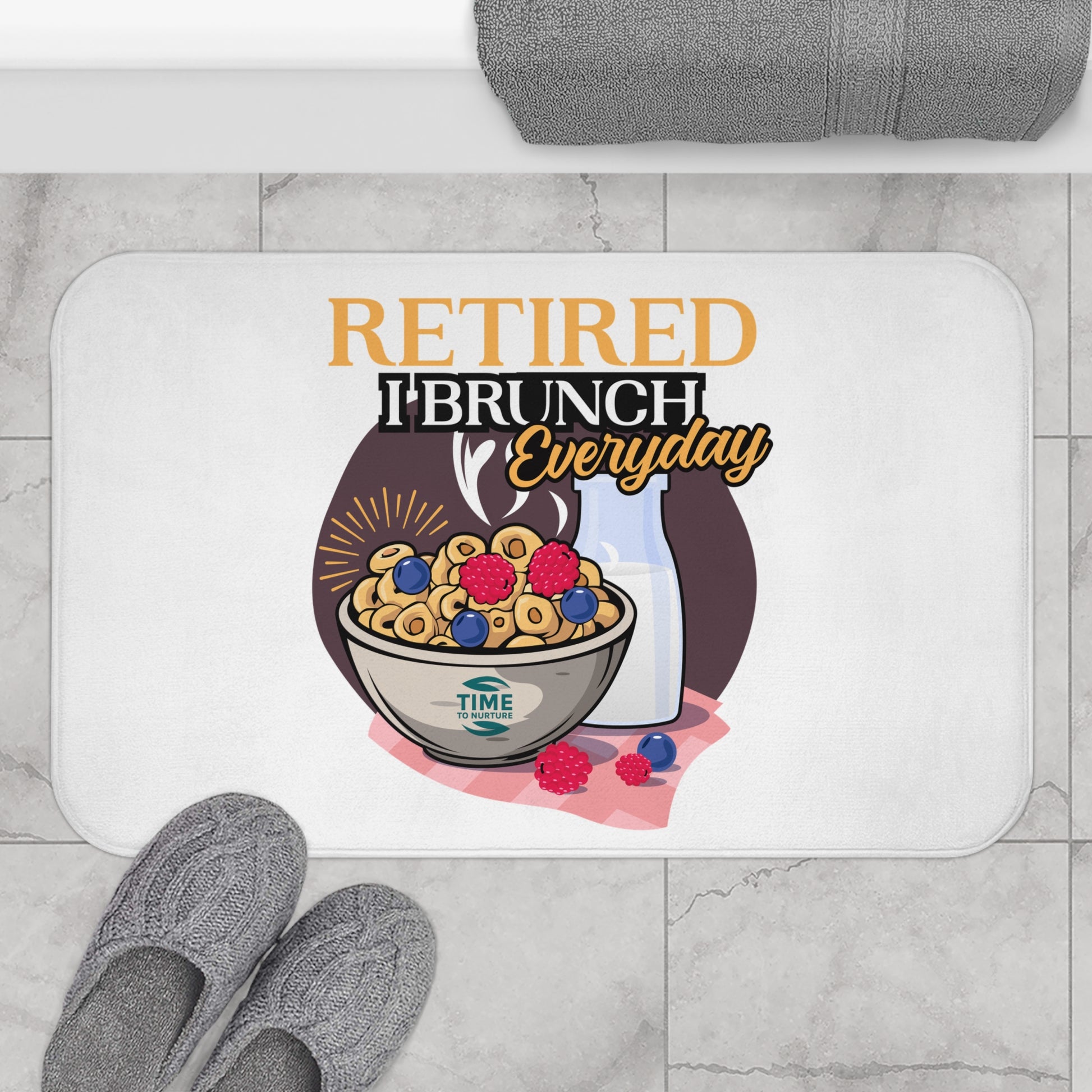 Retired I Brunch Everyday bath mat with a fun and playful design, perfect for retirees and brunch lovers, adding cozy charm to kitchens or bathrooms