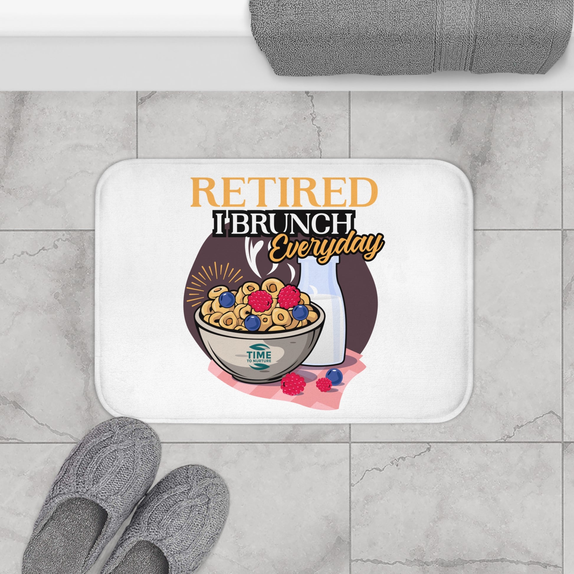 Retired I Brunch Everyday bath mat with a fun and playful design, perfect for retirees and brunch lovers, adding cozy charm to kitchens or bathrooms