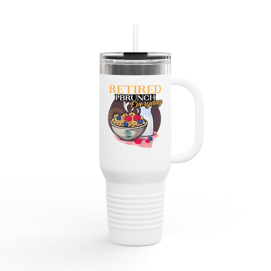 Retired I Brunch Everyday insulated travel mug, 40oz, with a fun retirement-themed design. Large, stylish coffee mug with a sturdy handle and lid, perfect for keeping drinks hot or cold. Great gift for retirees and coffee lovers.