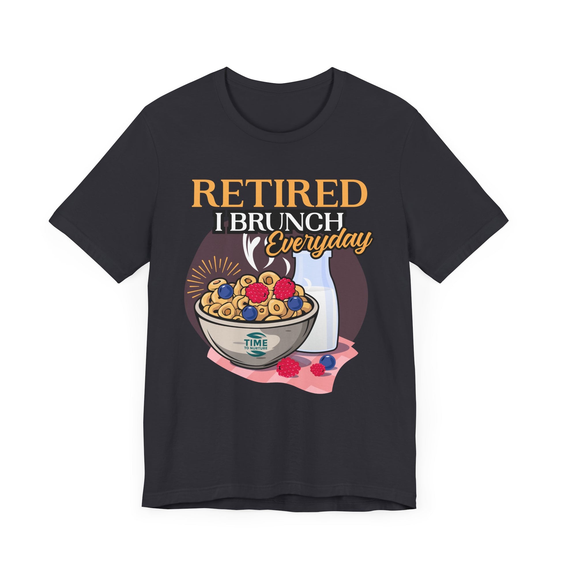 Retired I Brunch Everyday unisex graphic t-shirt, a casual and comfortable top perfect for relaxed outings, retirement celebrations, and brunch lovers, making a fun gift for foodies and leisure enthusiasts.
