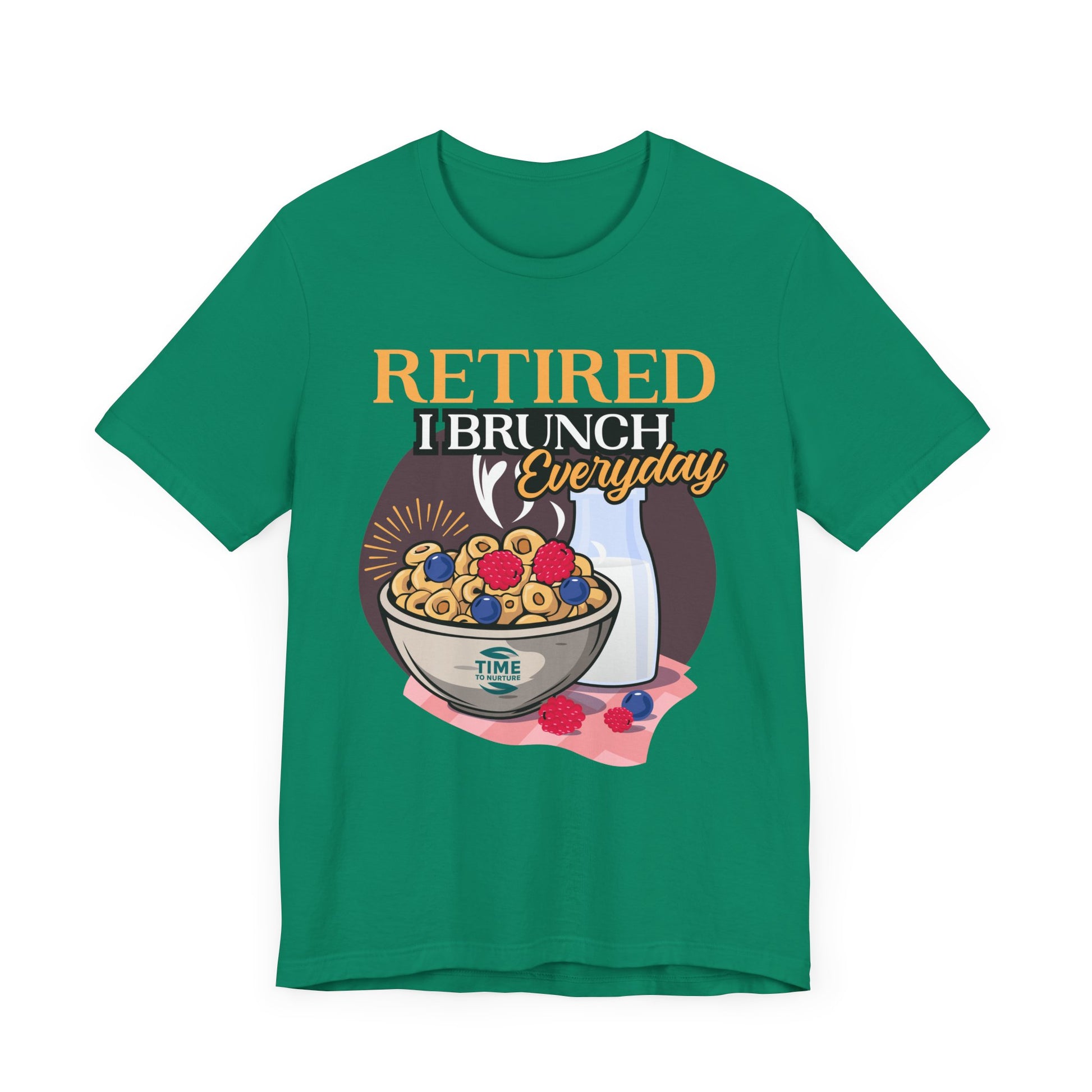 Retired I Brunch Everyday unisex graphic t-shirt, a casual and comfortable top perfect for relaxed outings, retirement celebrations, and brunch lovers, making a fun gift for foodies and leisure enthusiasts.