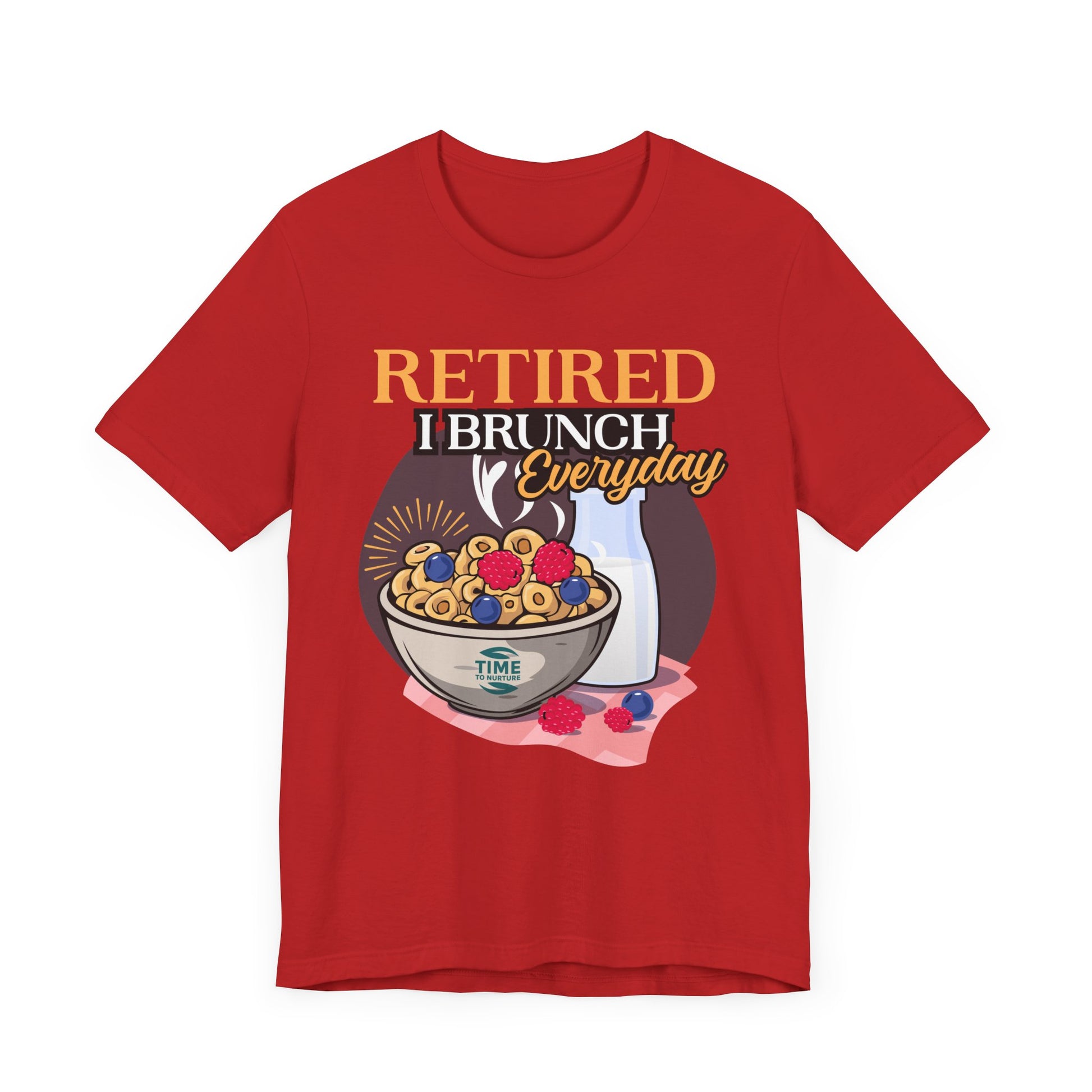 Retired I Brunch Everyday unisex graphic t-shirt, a casual and comfortable top perfect for relaxed outings, retirement celebrations, and brunch lovers, making a fun gift for foodies and leisure enthusiasts.