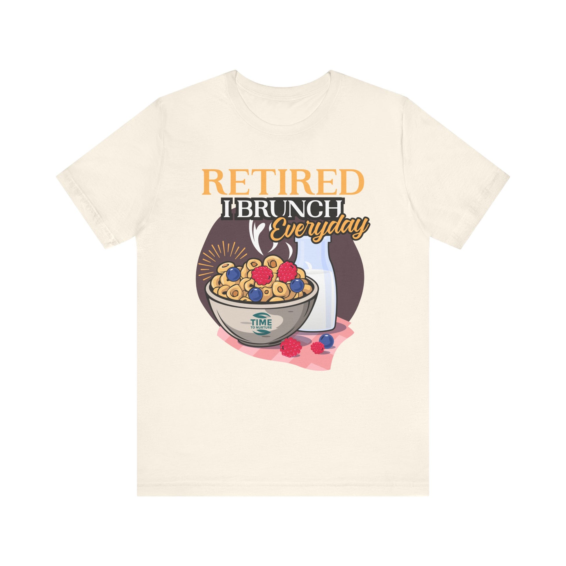Retired I Brunch Everyday unisex graphic t-shirt, a casual and comfortable top perfect for relaxed outings, retirement celebrations, and brunch lovers, making a fun gift for foodies and leisure enthusiasts.