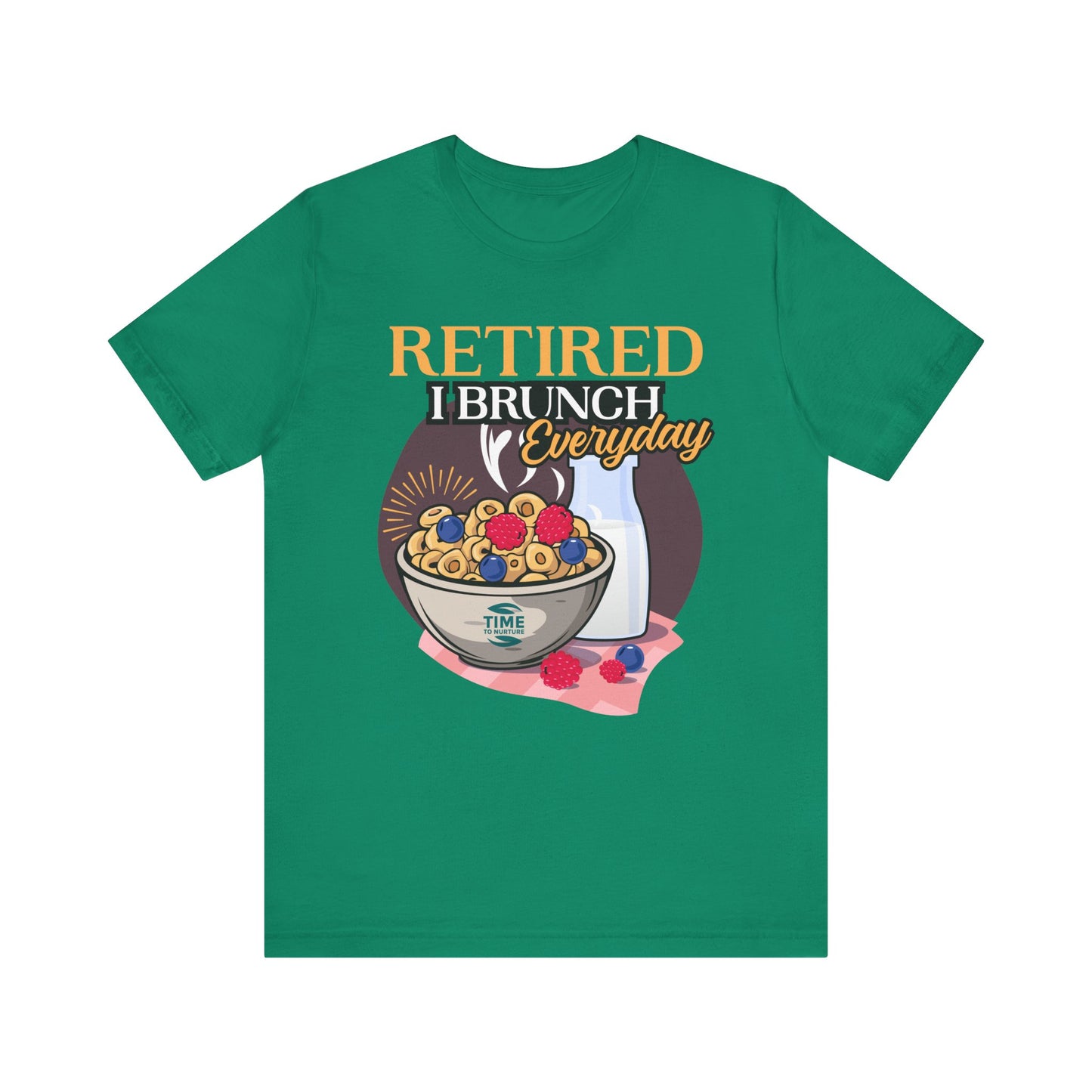 Retired I Brunch Everyday unisex graphic t-shirt, a casual and comfortable top perfect for relaxed outings, retirement celebrations, and brunch lovers, making a fun gift for foodies and leisure enthusiasts.