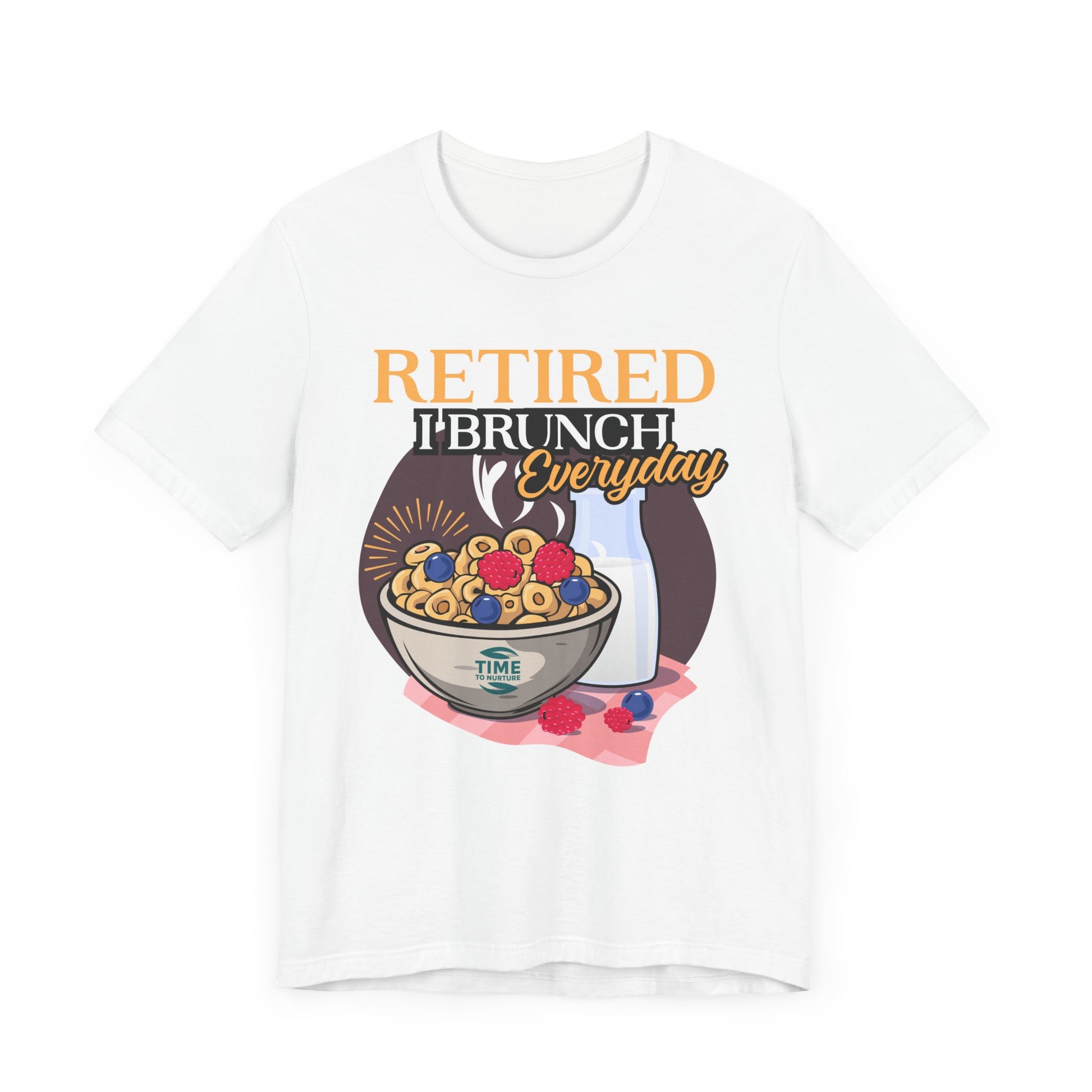 Retired I Brunch Everyday unisex graphic t-shirt, a casual and comfortable top perfect for relaxed outings, retirement celebrations, and brunch lovers, making a fun gift for foodies and leisure enthusiasts.